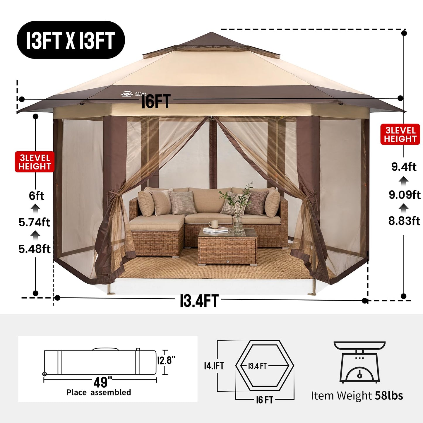 CROWN SHADES 13x13 Pop Up Gazebo with Mosquito Nettings, Patented CENTERLOK 6-Sided Portable Gazebo, 300D Silver-Coated Fabric UV Resistant, Pop Up Canopy Tent for Patio, Party, Beige&Coffee