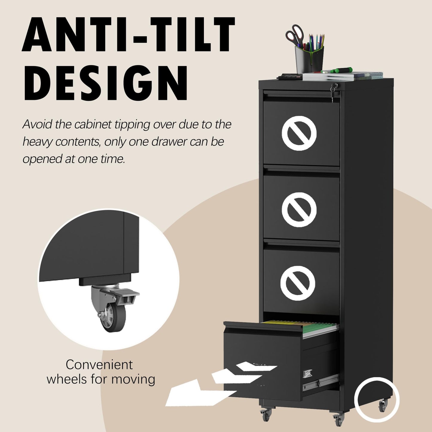 FOSTOKO File Cabinet with Lock, 4 Drawers Filing Cabient with Wheel, Steel Vertical Filing Storage Cabinet for Home Office, Heavy-Duty File Cabinets for Letters/Legal/A4 (Require Assembly, Black)
