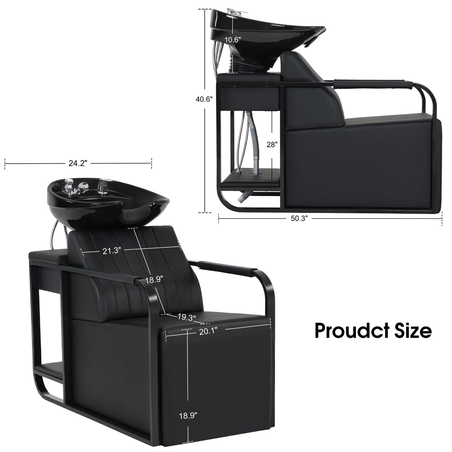 BarberPub Shampoo Bowl and Chair Set for Salon, Shampoo Backwash Station Chair for Hair Stylist, Ceramic Hair Wash Bowl Sink Unit Station for Salon Beauty Spa Equipment 9024