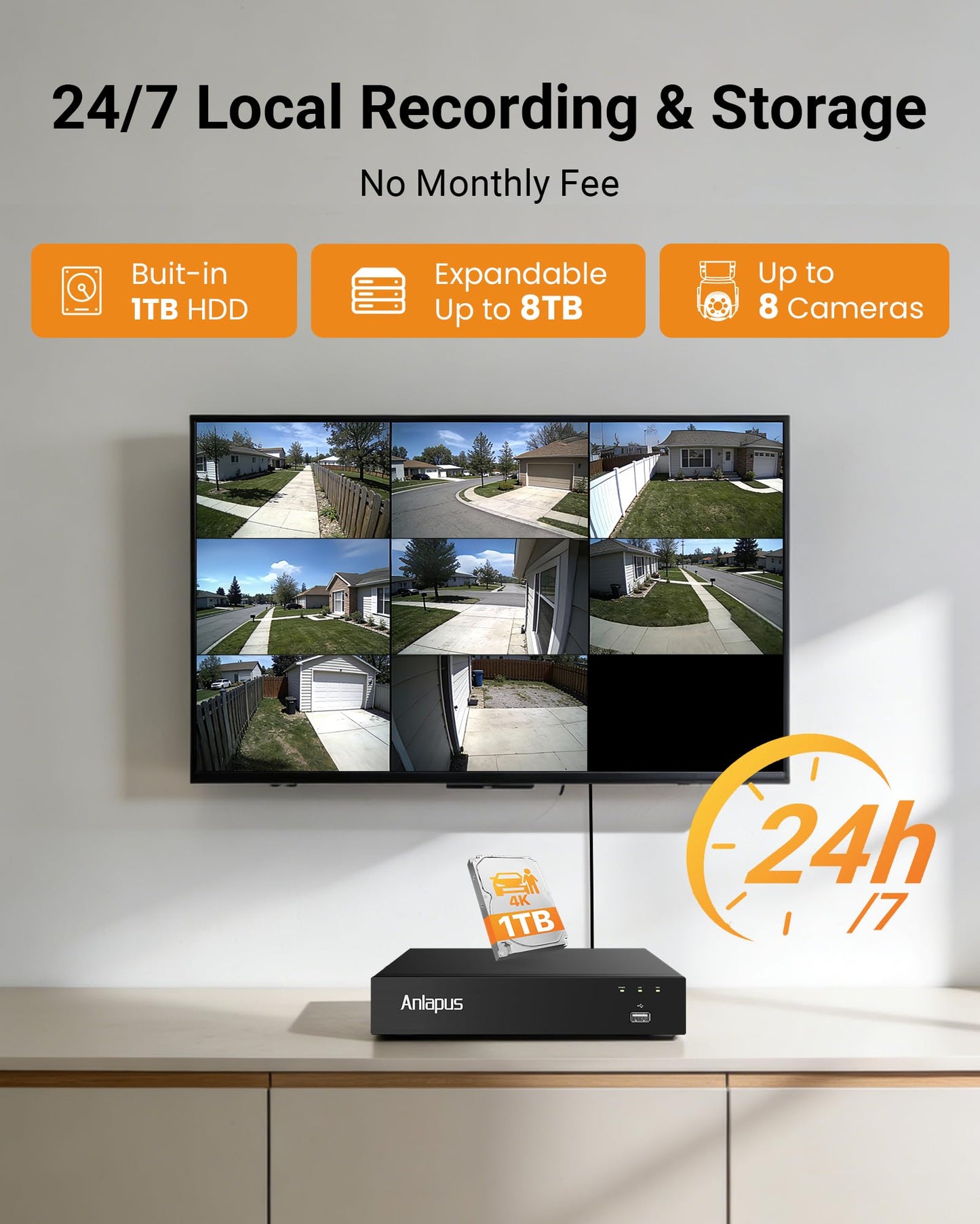 Anlapus 5MP Pan Tilt Wired Security Camera System, 8pcs 3K Outdoor Indoor Home Surveillance Cameras, Human Vehicle Detection, Night Vision, 8CH CCTV DVR with 1TB HDD for 24/7 Video & Audio Recording