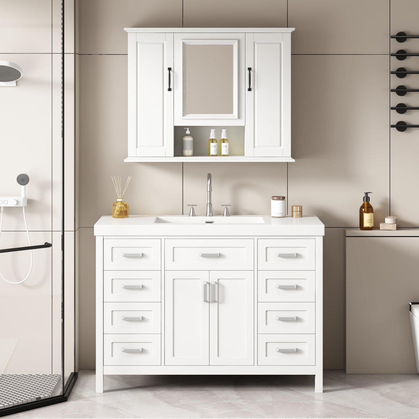 36x28 Inch Medicine Cabinet with Mirror, Wall-Mounted Wood Bathroom Storage Cabinet with Adjustable Shelf and 3 Doors for Laundry Kitchen, White