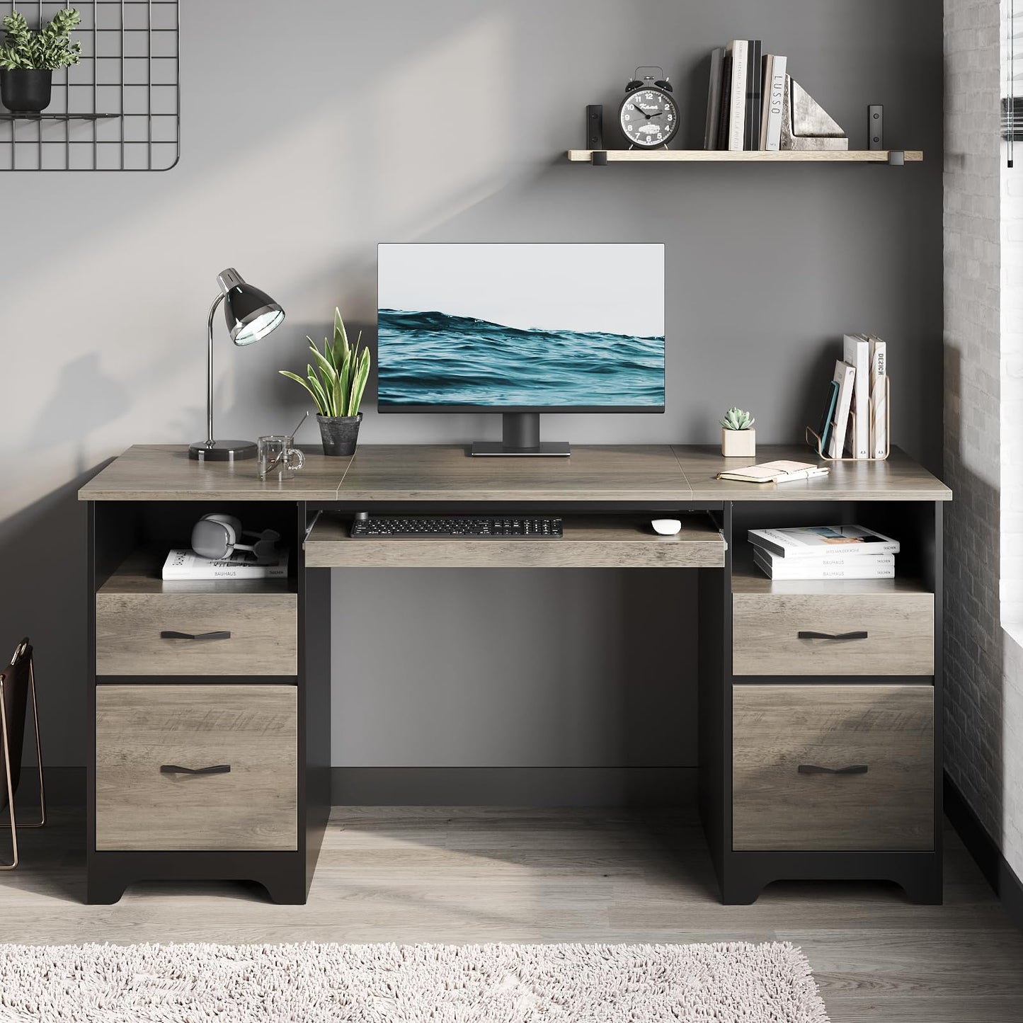 Bestier 59 Inch Office Desk with 4 Drawers, Computer Desk with Storage, Executive Desk with File Drawer, Keyboard Tray & 2 Pedestals on Both Sides for Home Office, Studio, Grey&Black