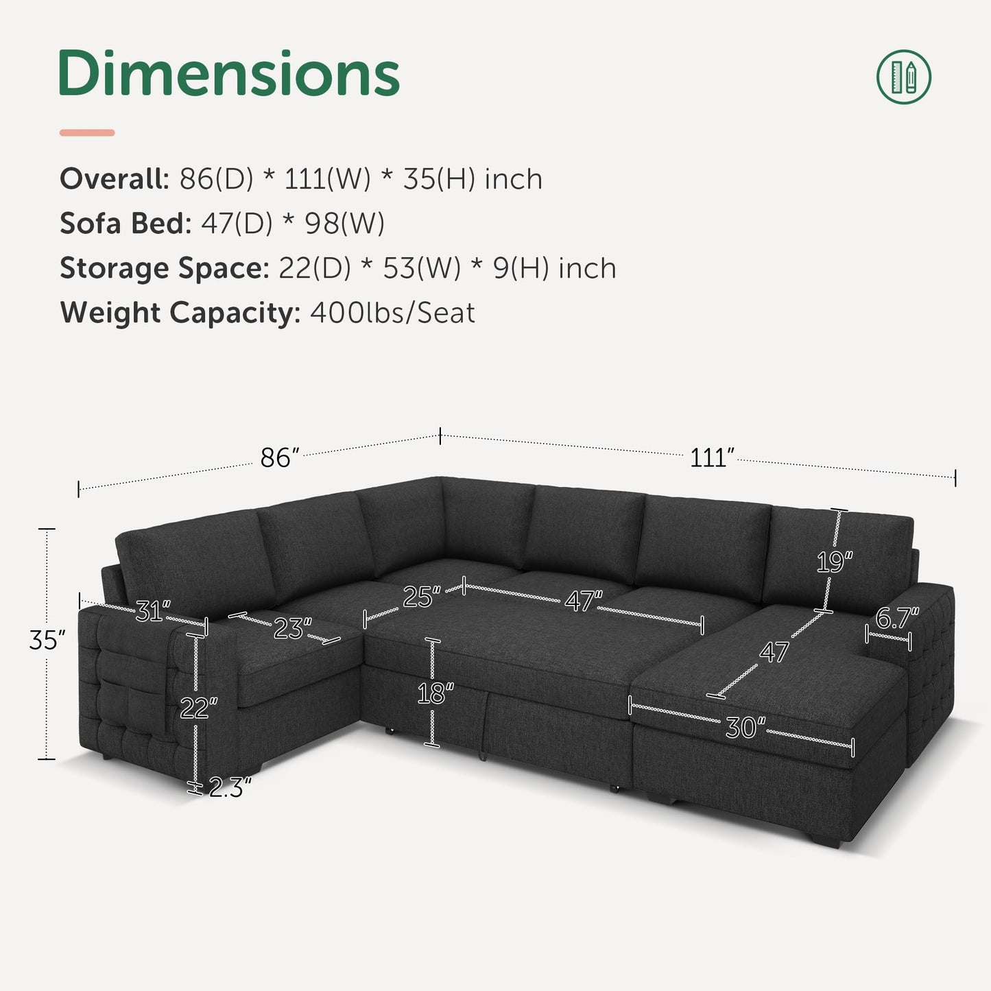 HONBAY Sectional Couch with Pull Out Bed, Sectional Sleeper Sofa with Storage, U Shape Couches for Living Room, Dark Grey