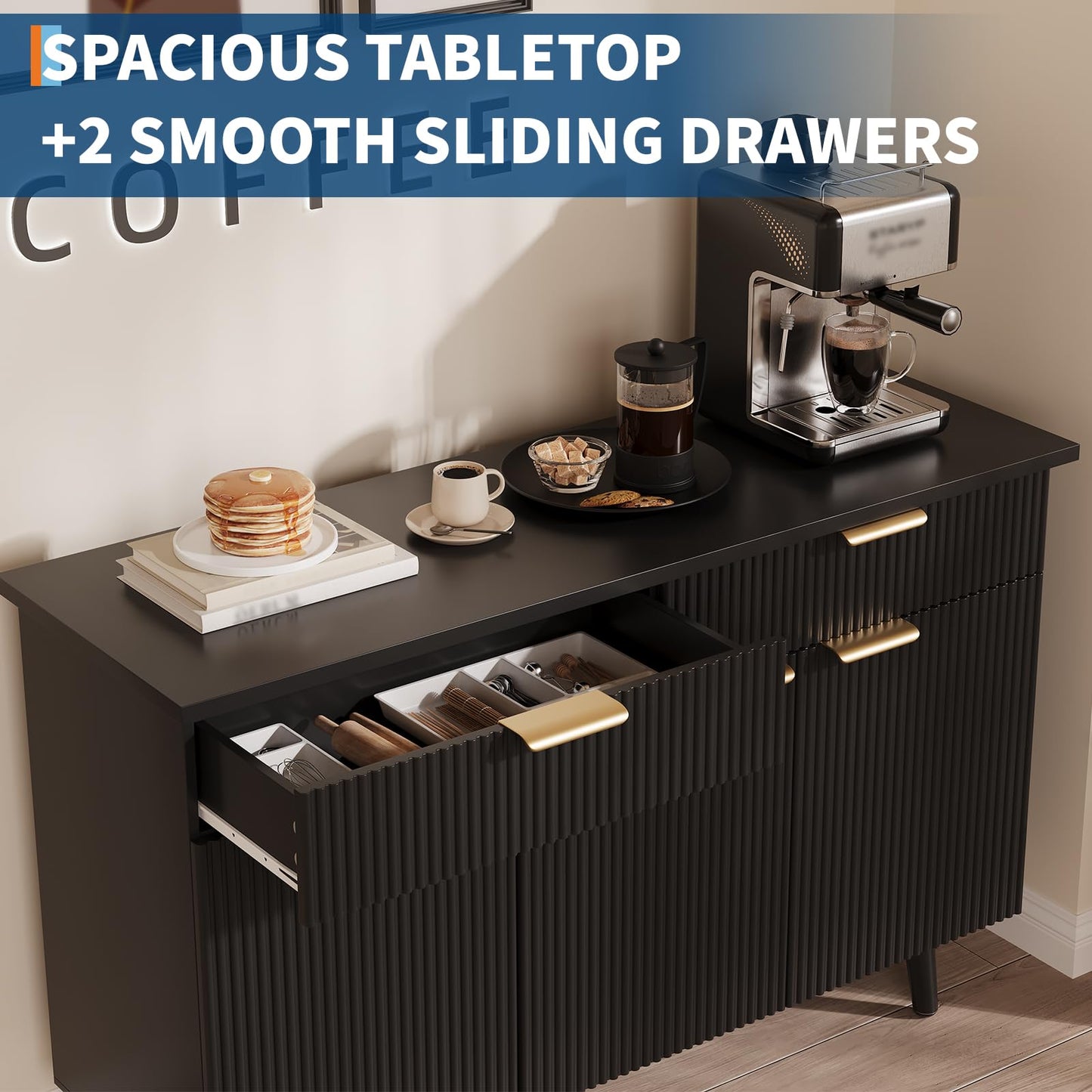IDEALHOUSE 47" Buffet Sideboard with Storage and Adjustable Shelves, Modern Fluted Kitchen Storage Cabinet, 2 Drawers, 3 Doors, Wood Coffee Bar Cabinet Buffet Table for Kitchen, Dining Room- Black