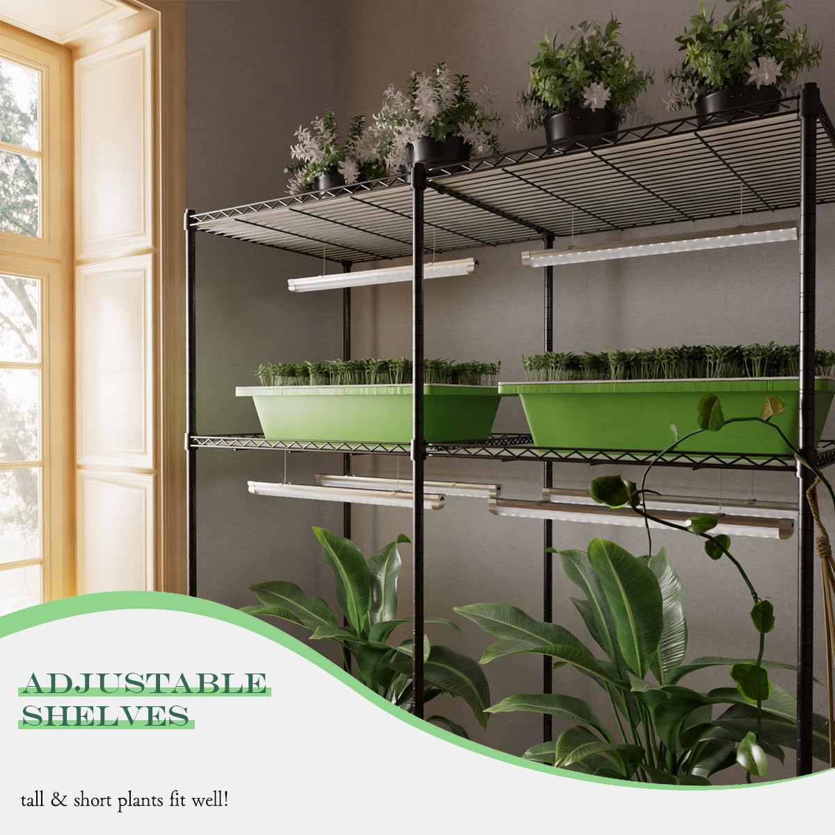 SQUEEZE master Double Grid Indoor Greenhouse with Grow Lights, Large 16-Tray Capacity for 1020 Trays & Heating Pads-Full Spectrum LED Plant Stand with 24H Timer & Rolling Casters