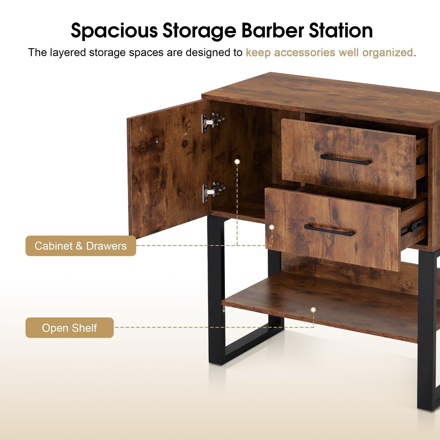 BarberPub Styling Barber Station, Wall Mount Storage Cabinet, Salon Equipment for Hair Stylist, Spa Beauty Makeup Organizer with Drawers & Shelf 3185 (Brown & Black)