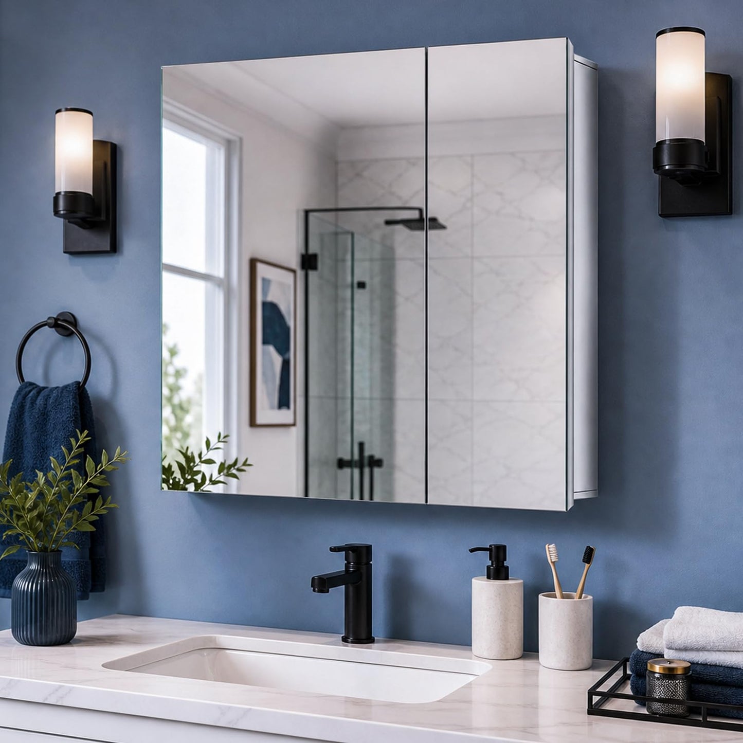 Fundin Stainless Steel Medicine Cabinet, Bathroom Mirror Cabinet, Surface Mount and Recess Mount, 23.6 x 25.6 inch, with Unique Half-Shelves for Greater Storage adjustability