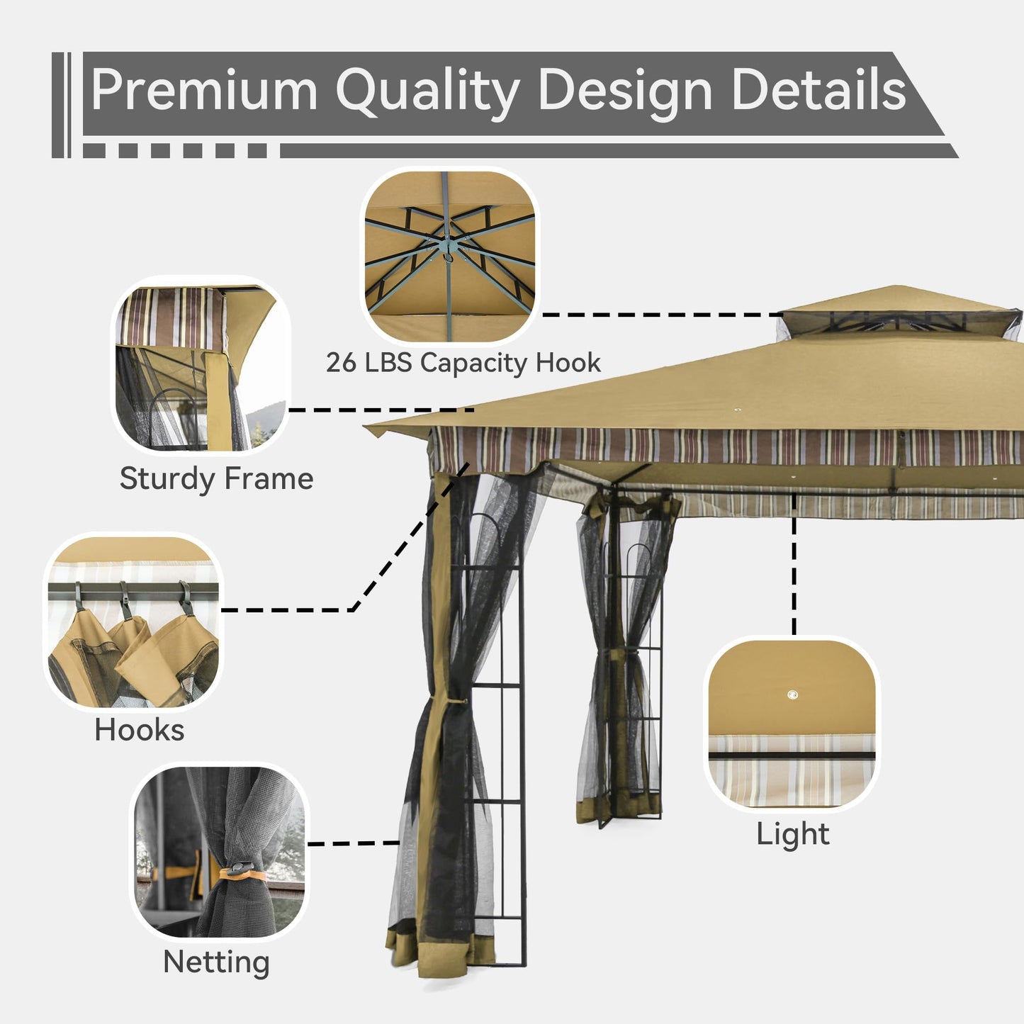 Gardenbee 13x11 Ft Canopy Gazebo with Netting, Double Roof Canopy Shelter with Frame for Outdoors, Patio/Deck/Garden/Yard/Poolside, Dark Beige
