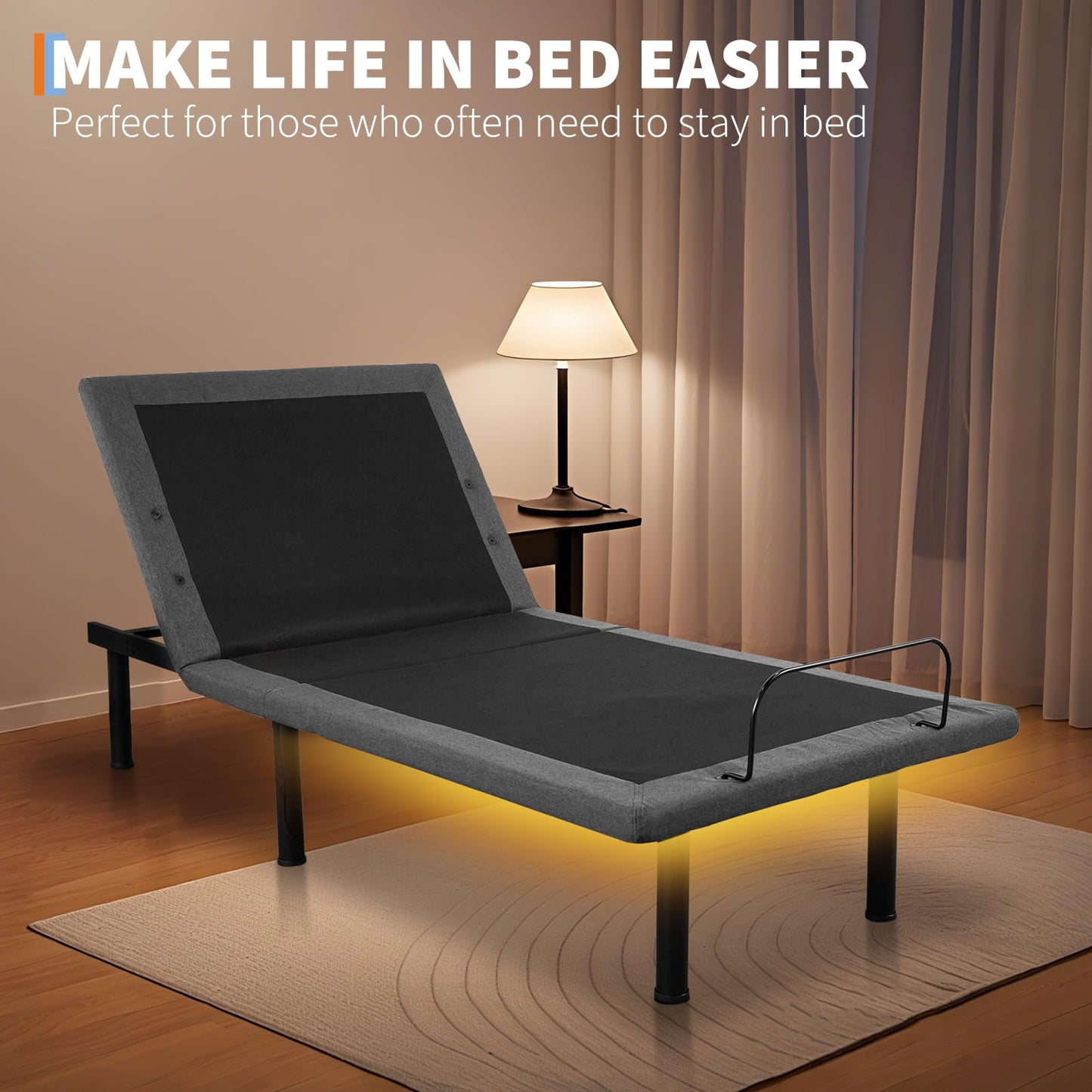 Garvee Twin XL Adjustable Bed Frame with Massage - Electric Bed Base with Head & Foot Incline, LED Under-Bed Night Light, 4 Height-Adjustable Legs, Wireless Remote, Zero/Anti-Snore/Memory Presets