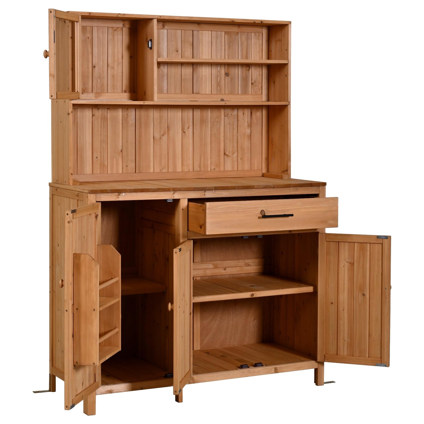 Merax Outdoor Garden Potting Bench with Hutch, 65" H Solid Fir Wood Patio Garden Workstation Tabl with Large Countertop, Adjustable Shelves, Door Rack, Side Hook and Drawer, Natural