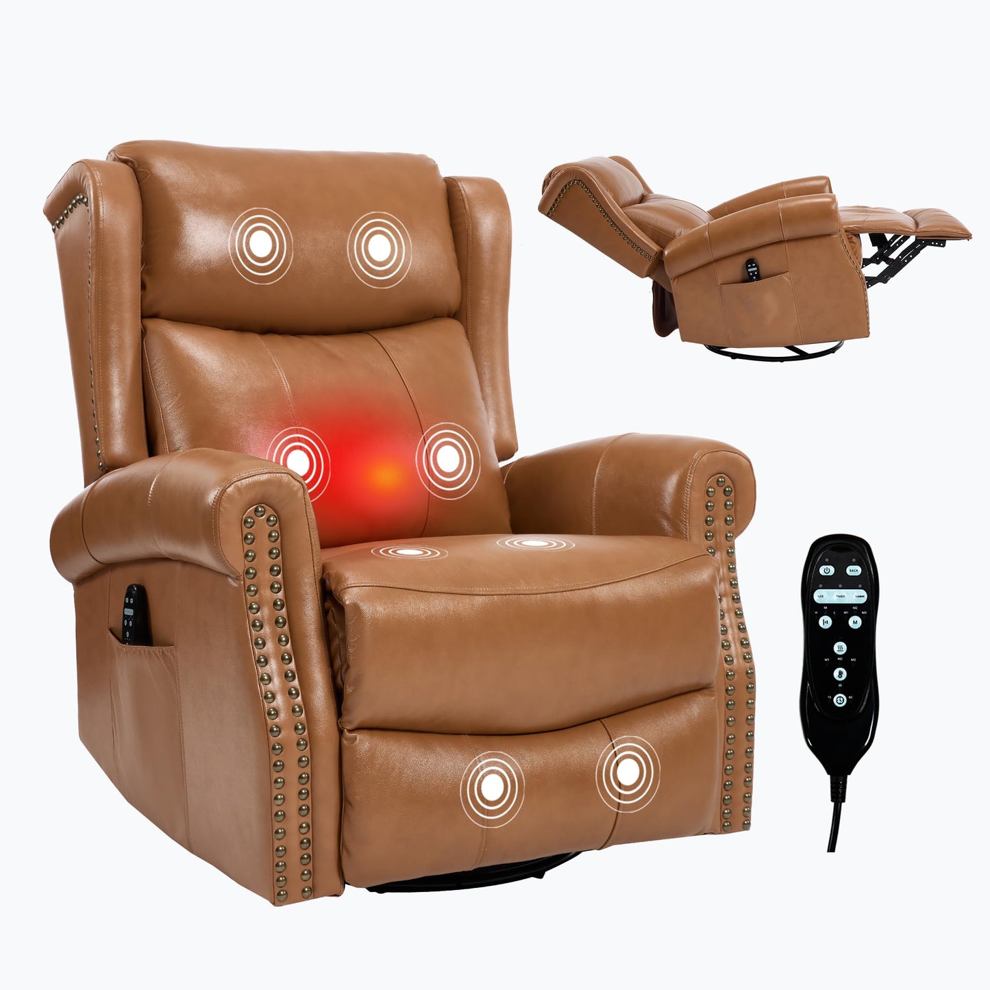 KEIKI Heat Massage Recliner Chair with Rocker & 360° Swivel, Manual Handle Reclining Lounge Chair with Lumbar Heat, Vibration Massage & Cushion Back for Living Room, Light Yellow