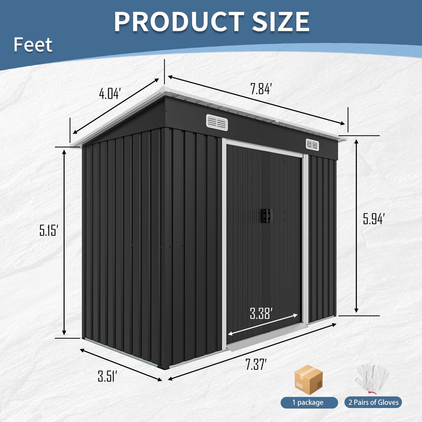 8x4 FT Galvanized Steel Outdoor Storage Shed with Sliding Lockable Double Doors, Sloped Roof, Ventilation Vents, Anchor Kit, Floorless Metal Garden Storage Building for Tools, Bicycles,Lawn Equipment