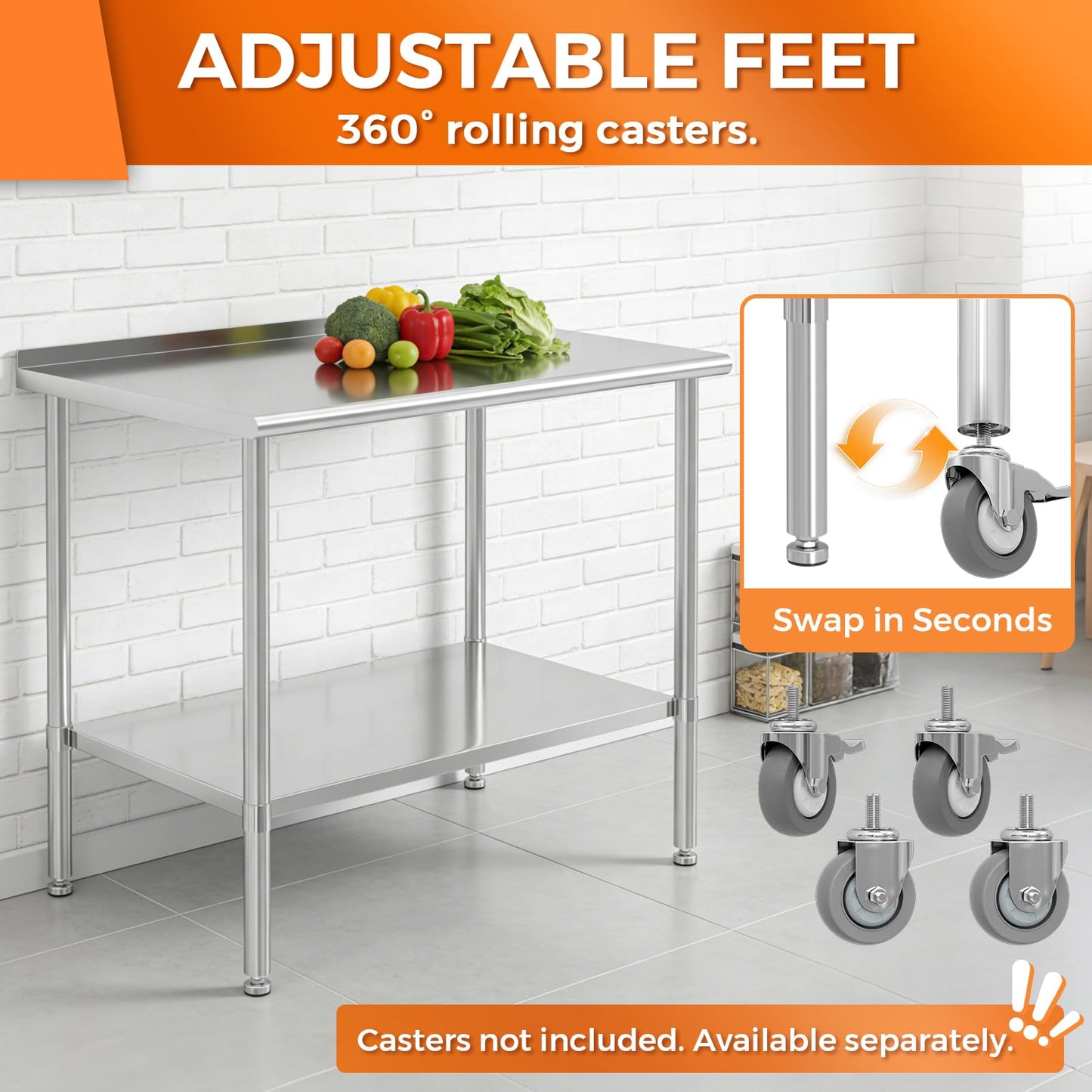 HOCCOT All Stainless Steel Work Table Heavy Duty Prep Table 30x48 Inch with Stainless Steel Undershelf Backsplash Replaceable Feet(Without Caster) Commercial Workstation for Restaurant Kitchen Outdoor