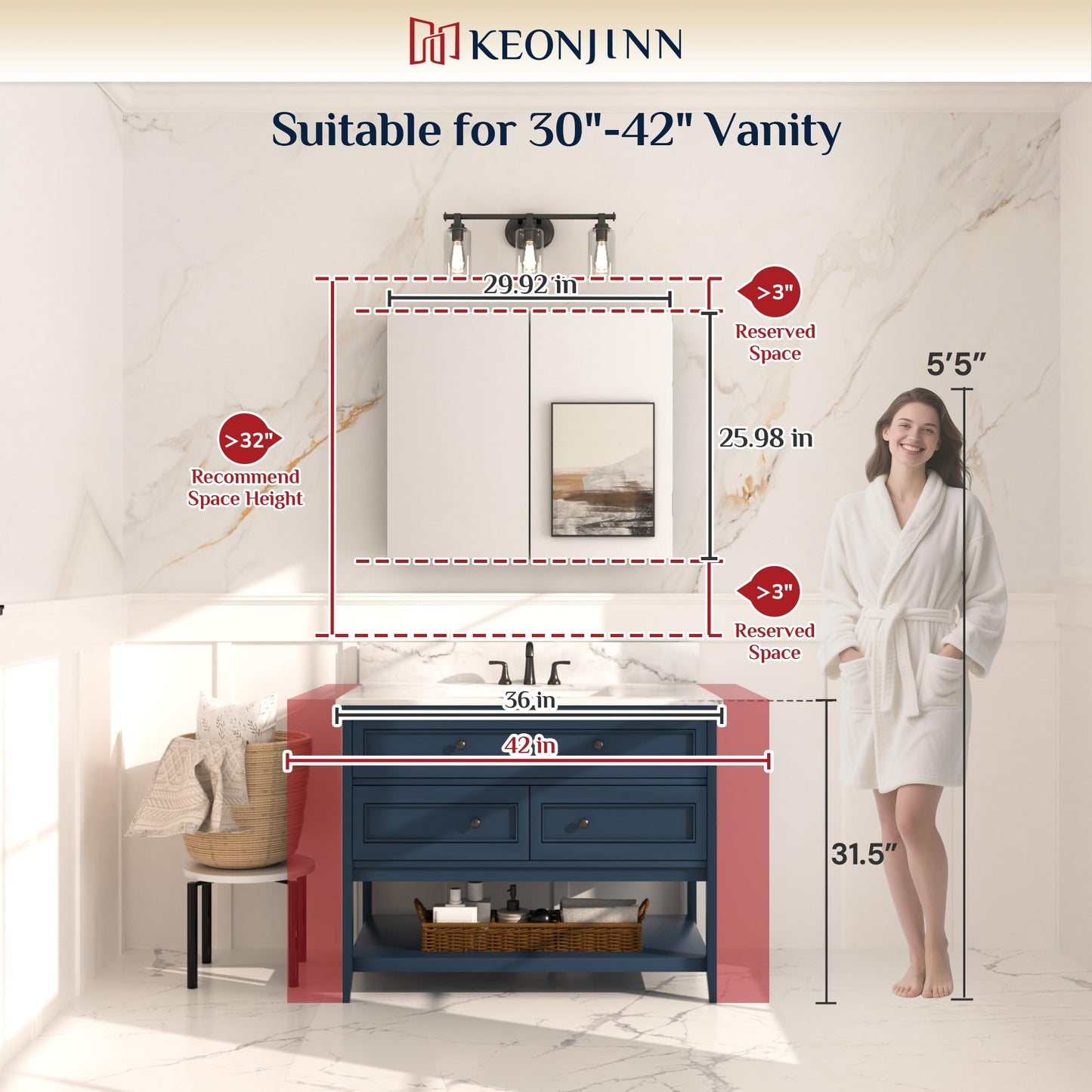 Keonjinn 30 x 26 Inch Bathroom Medicine Cabinet with Mirror, Assembly Required, Combined Double Doors Wall Cabinets, Flexiable Ample Storage, Recessed or Surface Mount, Soft Closing