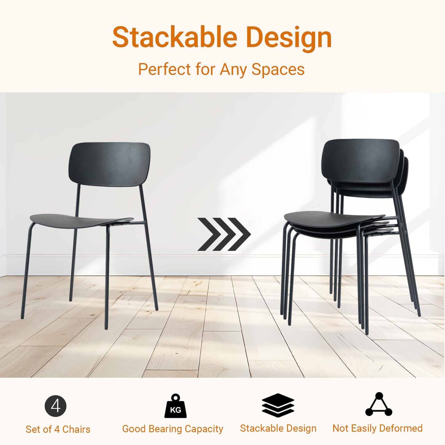 Sidanli Stackable Chairs Set of 4, Waiting Room Chairs with Metal Legs and Ergonomic Plastic Seat, Stacking Office Chairs for Conference Reception Church Banquet, Black
