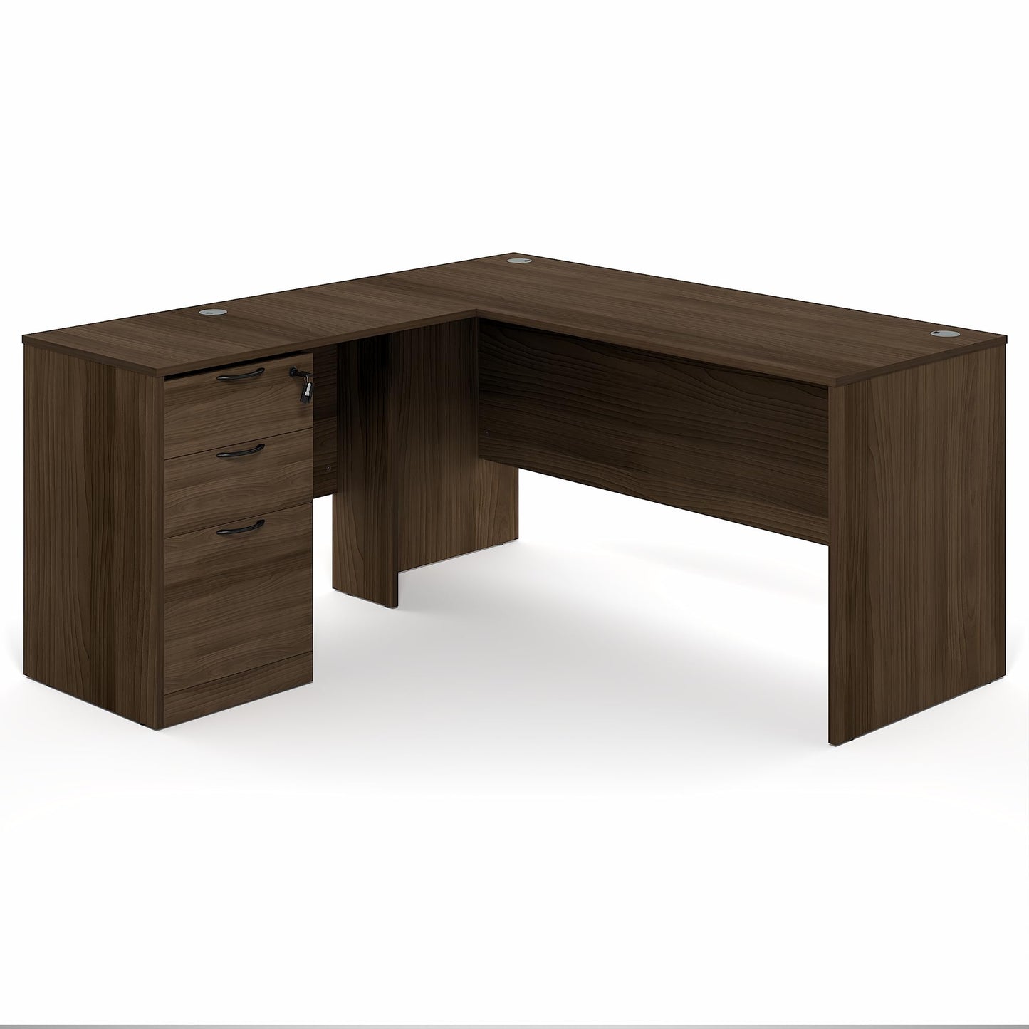 Furinno Roger 60 Inch L-Shaped Executive Desk with File Cabinet, L-Shaped Office Desk with 3-Drawer Fixed Pedestal Filing Cabinet, Desk Cord Grommet, for Home Office, Modern Walnut