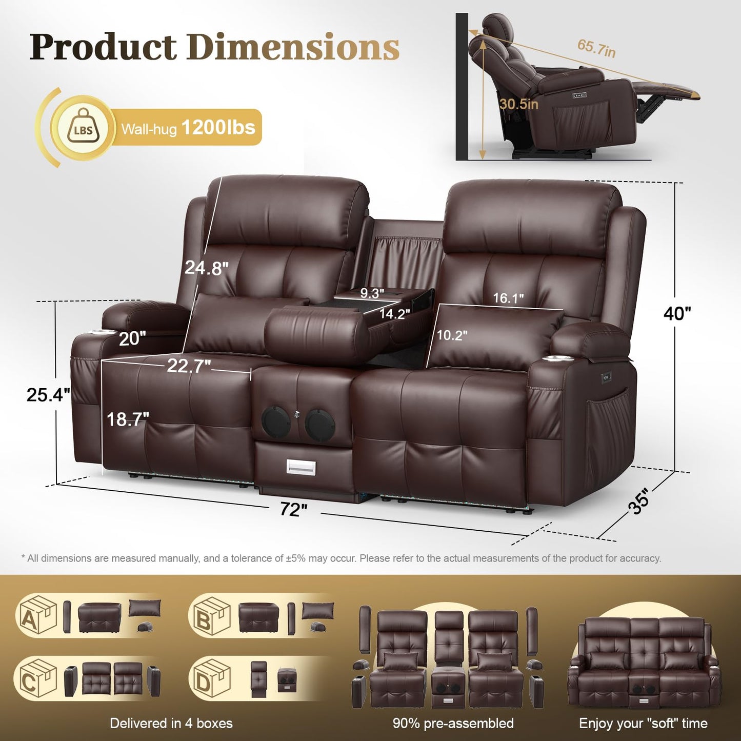 Aotolo Power Reclining Loveseat Sofa with Console, Wall Hugger RV Recliner Couch, Home Theater Seating with Heating & Massage, Bluetooth Speaker, LED Light, USB & Type-C Ports, Storage Armrests