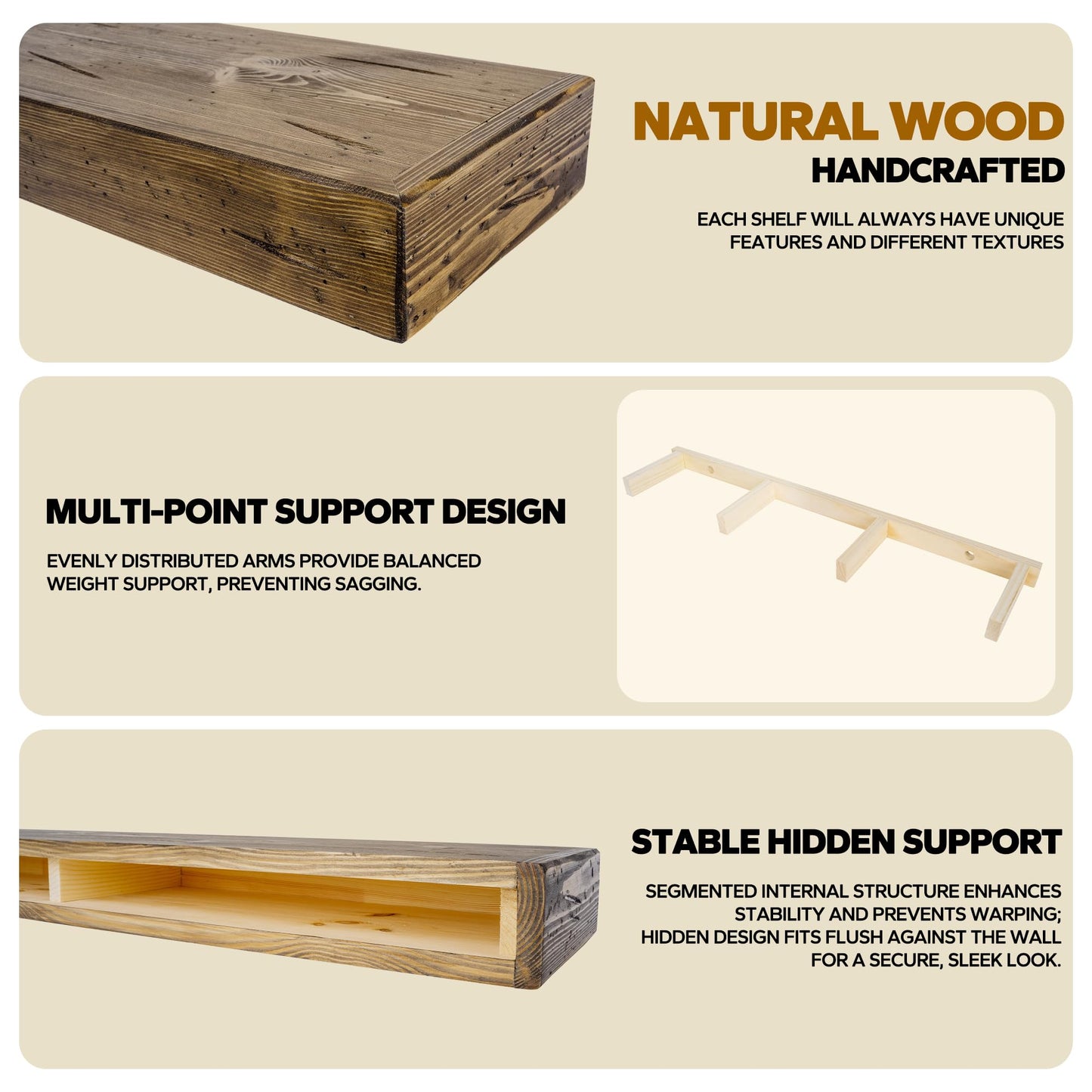 BANFFLOW Floating Shelves 3 inch Thick for Wall Set of 2,Solid Pine Wood Wall Mount Shelf for Kitchen Living Room Bedroom Bathroom,8" D x 36" L x 3" H-Distressed Black Walnut
