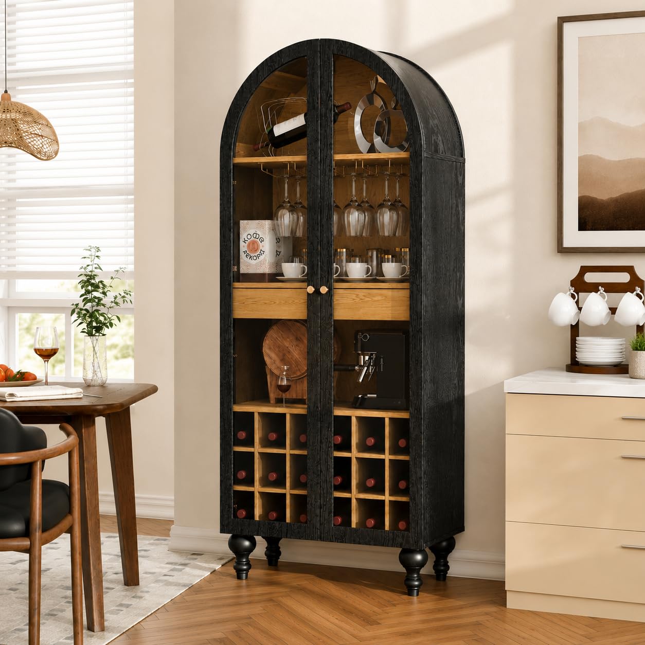 Trygoal Modern Farmhouse Arched Bar Cabinet, 71'' Tall Wine Cabinet with Built-in Stemware Rack & Glass Door, Black Arched Wine Cabinet with Storage, Large Liquor Cabinet for Living Room, Dining Room