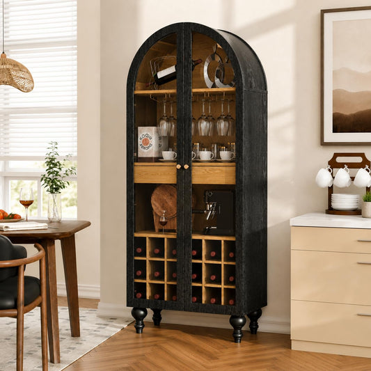 Trygoal Modern Farmhouse Arched Bar Cabinet, 71'' Tall Wine Cabinet with Built-in Stemware Rack & Glass Door, Black Arched Wine Cabinet with Storage, Large Liquor Cabinet for Living Room, Dining Room