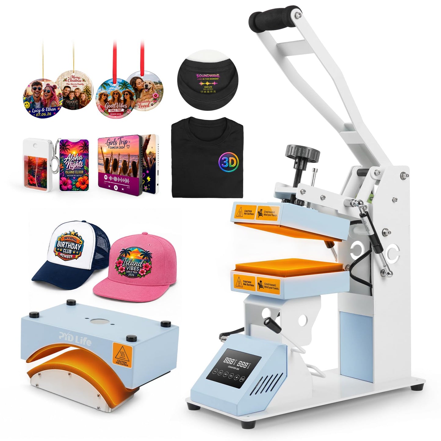 PYD Life 2 in 1 Top and Bottom Heat Press Machine H2C Pro Light Blue 110 V, Mini Combo Hat and Flat Press for DTF 3D UV DTF Labels, Double-Sided Blanks Sublimation Printing