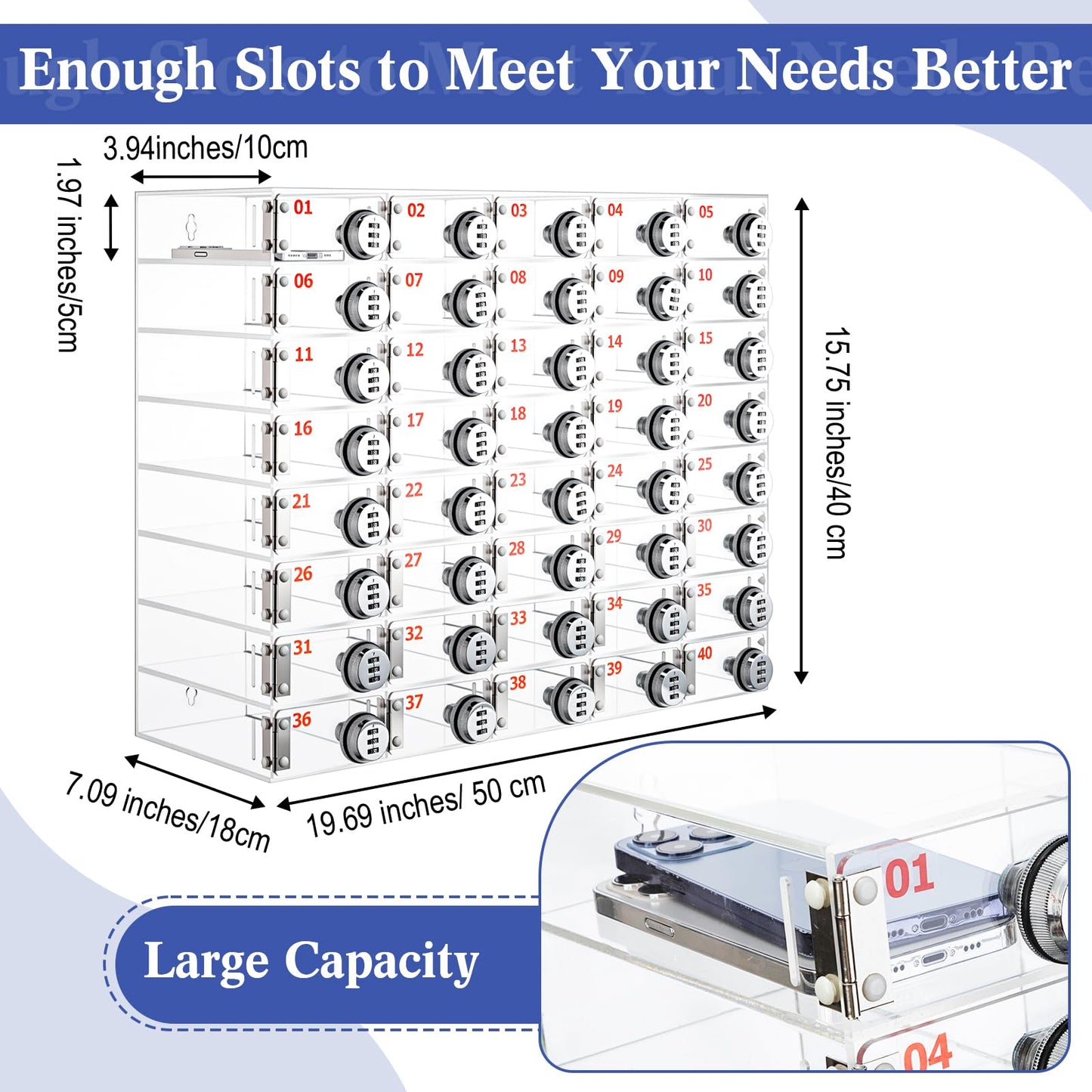 Reallnaive 40 Slots Cell Phone Locker Box with Combination Lock, Clear Acrylic Cell Phone Storage Cabinet Bin, Wall Mounted, for Classroom School Students Office Factory Employees