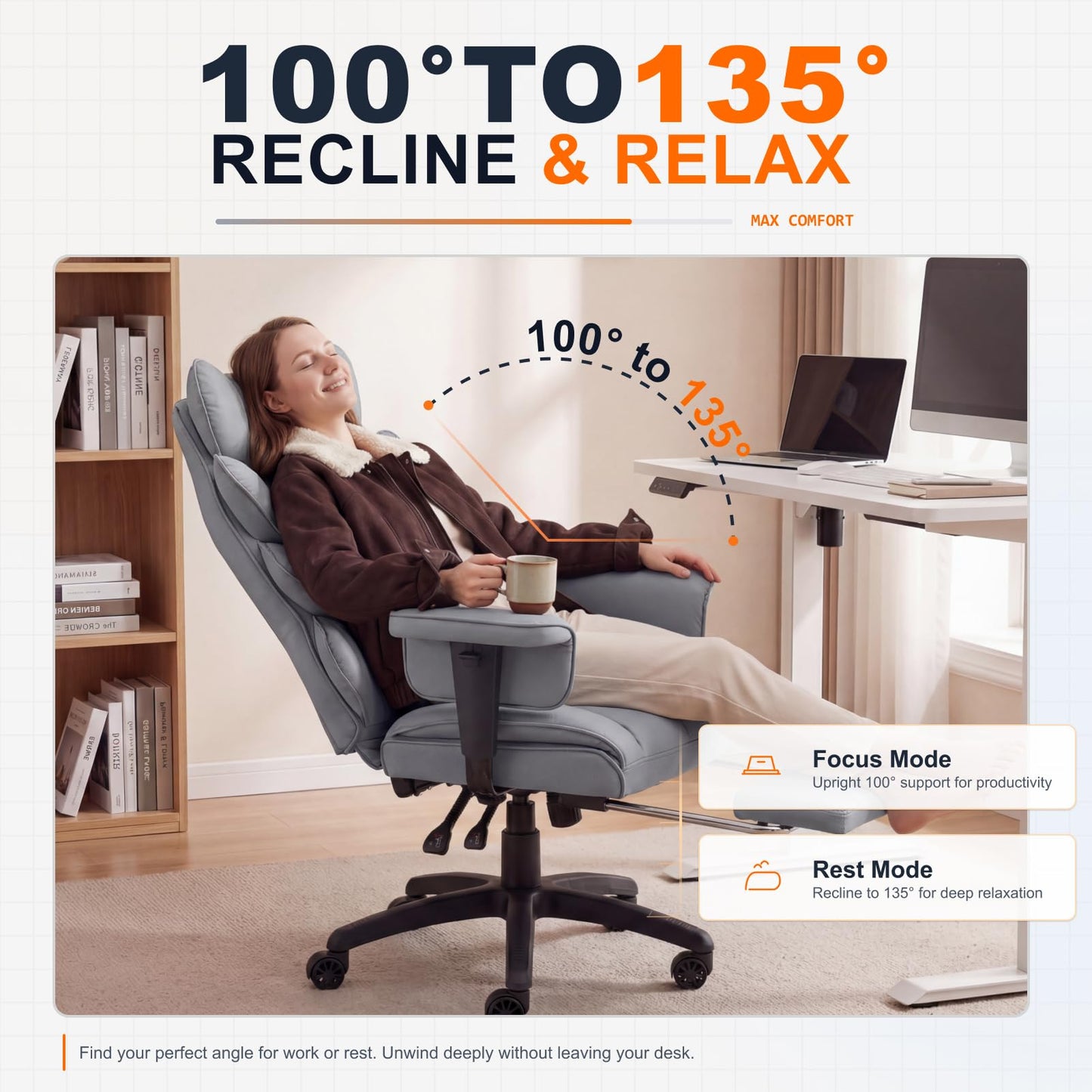 Dowinx Big and Tall Office Chair with Pocket Spring Cushion,High Back Computer Gaming Chairs with Adjustable Armrests and Lumbar Support,Executive Desk Chairs with Footrest(PU Leather,Grey)