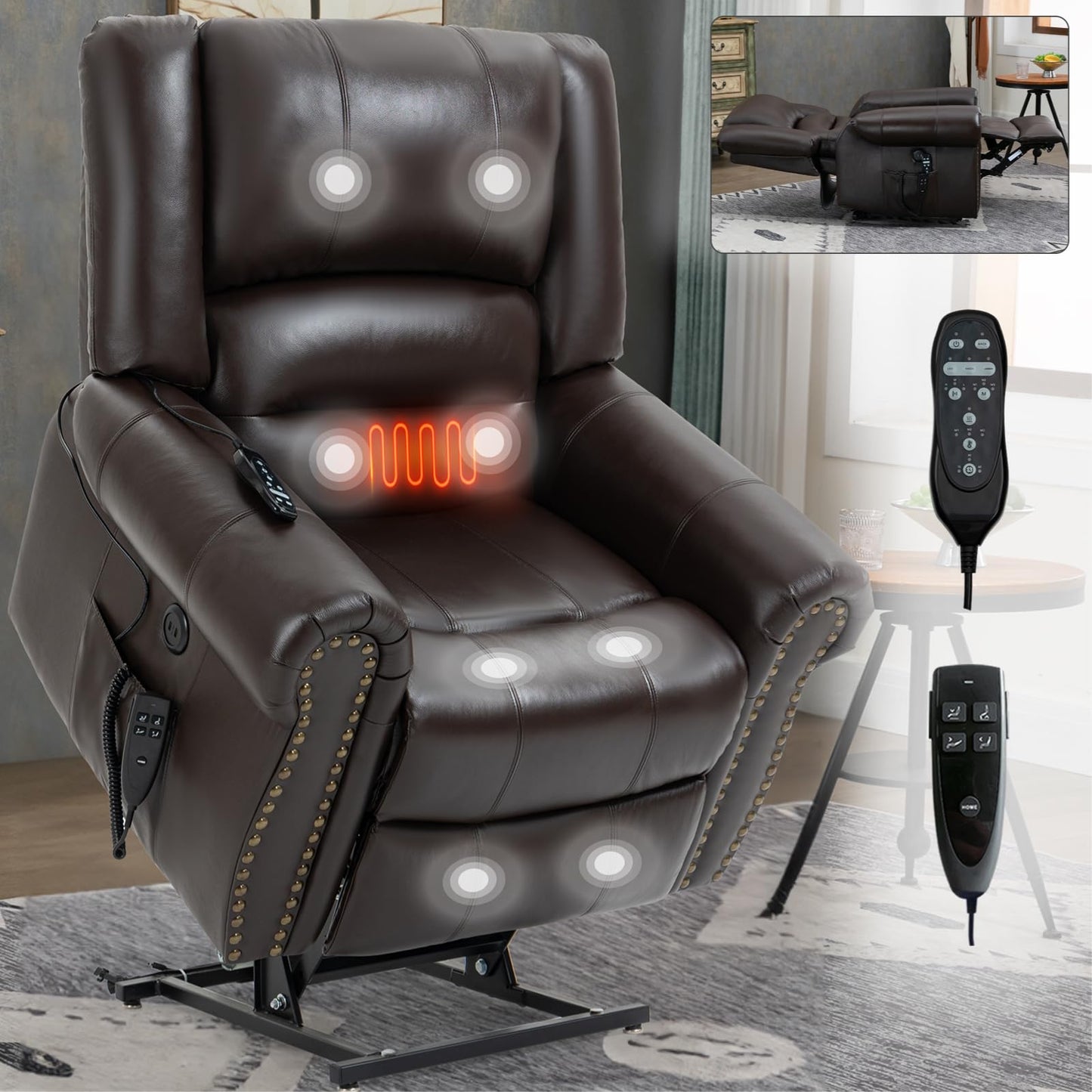 KEIKI Oversized Power Lift Recliner Rocking Chair for Adult, Genuine Leather Mid Century Modern Accent Chair with Back Message & Heat USB Port, Adjustable Home Theater Seating for Living Room, Brown