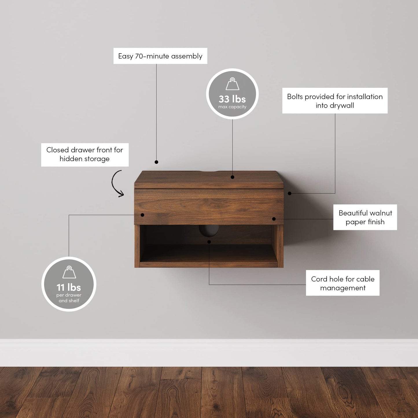 Nathan James Jackson Wall Mounted Floating Bedroom Nightstand with Storage Drawer and Modern Open Shelf Cubby Set of 2, Dark Brown Walnut