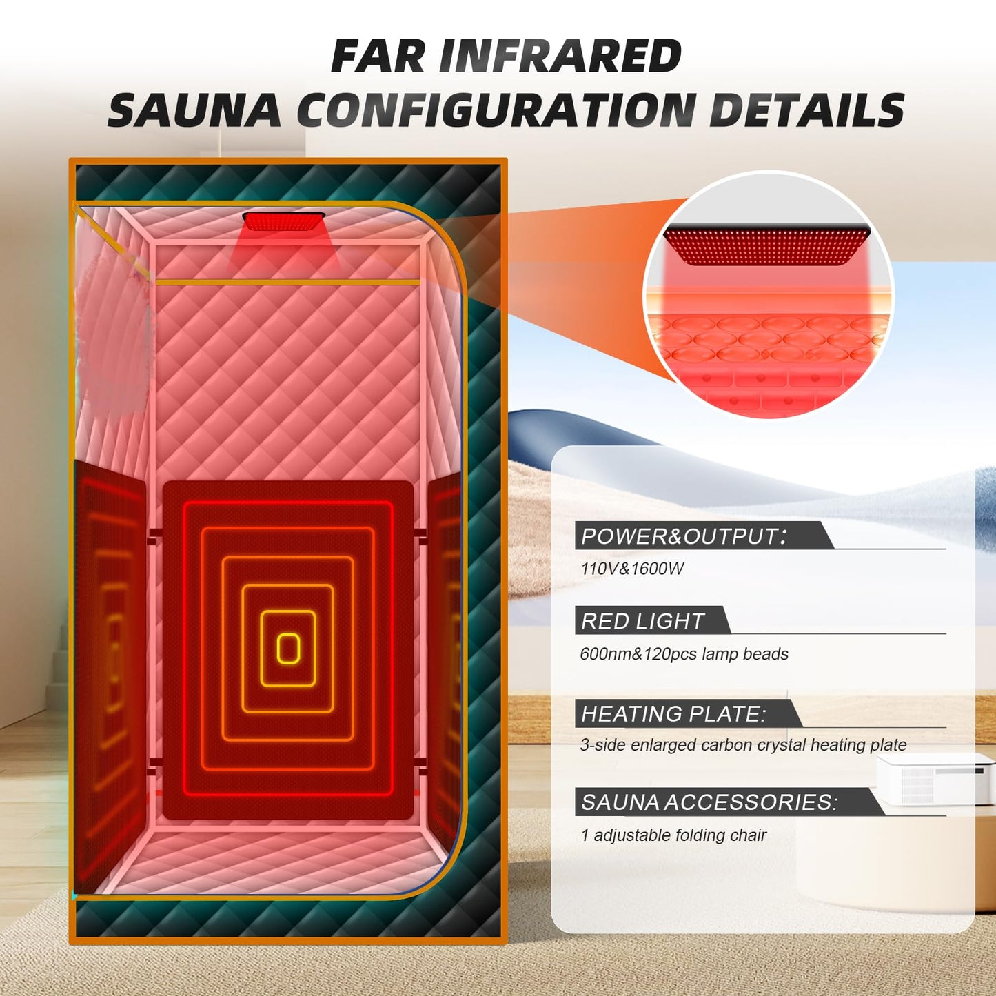 Smartmak Portable Infrared Sauna,1 Person Infrared Sauna Box with 660nm Red Light Therapy, Full Size Sauna Tent for Home, Foot Heating Pad, Folding Chair (Orange-1Person)