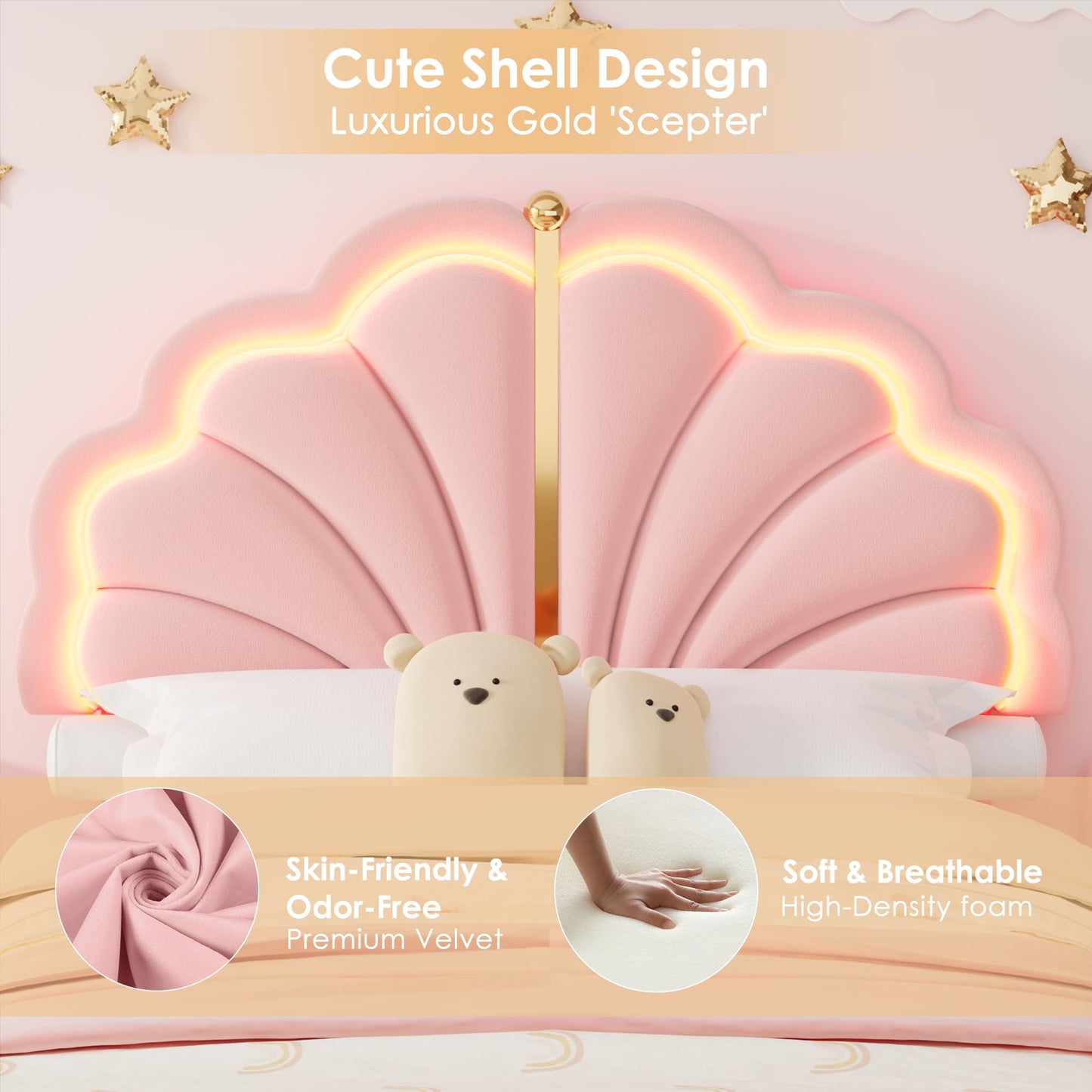 Keyluv Twin Princess Bed Frame with Storage Drawers, Soft Velvet Upholstered LED Platform Bed with Adjustable Cute Shell Headboard, No Box Spring Needed, Noise-Free, Pink