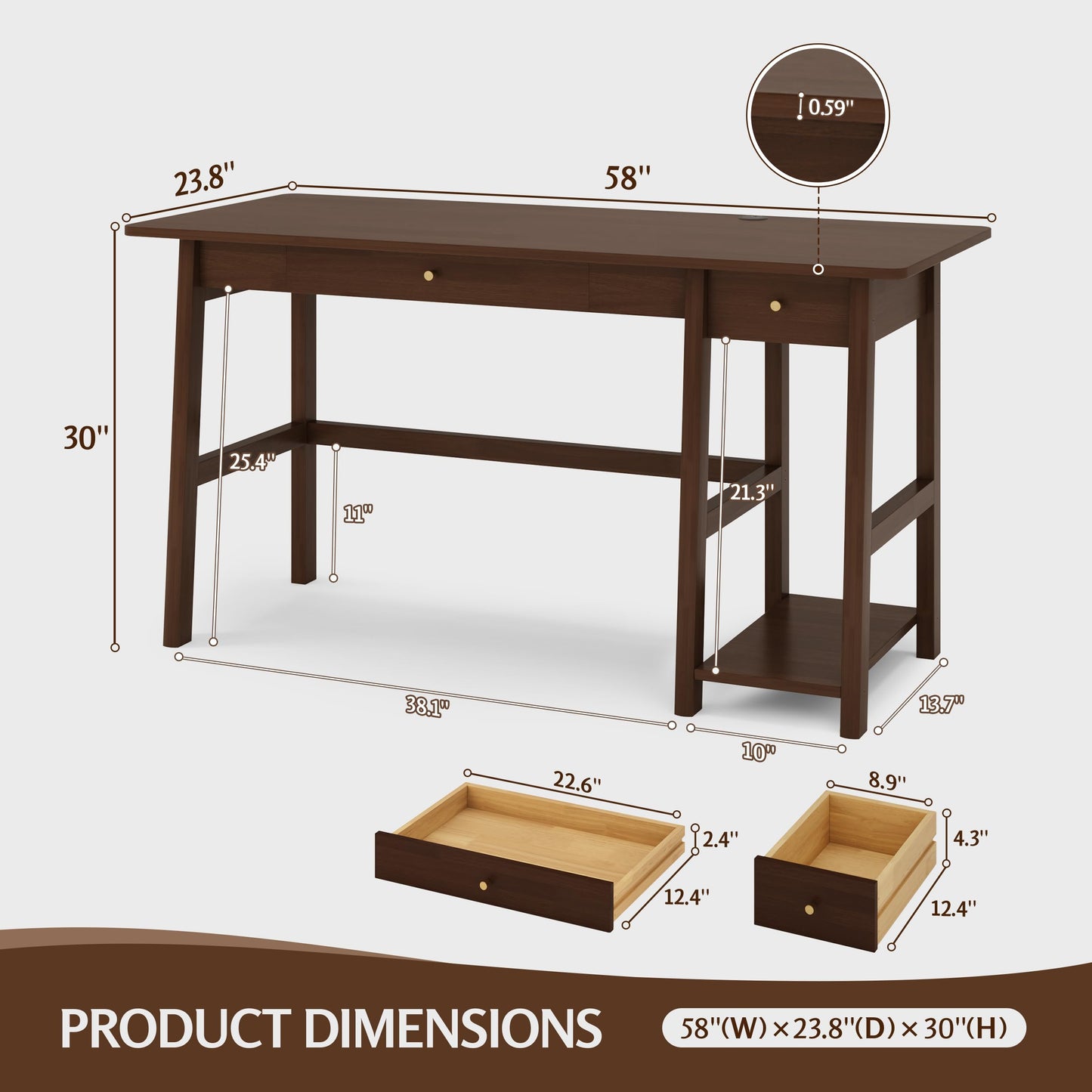 NELYE Solid Wood Desk with Drawer - 58 Inch Modern Writing and Computing Workstation for Home Office in Walnut