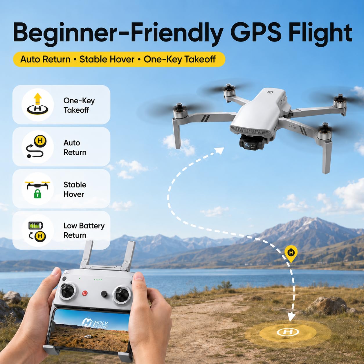 Holy Stone Drones with Camera for Adults 4K, 48MP 8K Photos, 4K/30FPS Video, 3-Axis Gimbal, GPS Auto Return, 10KM 5.8GHz Transmission, 60-mins Fly Time, AI Quick Shots, Under 249g (Gray)