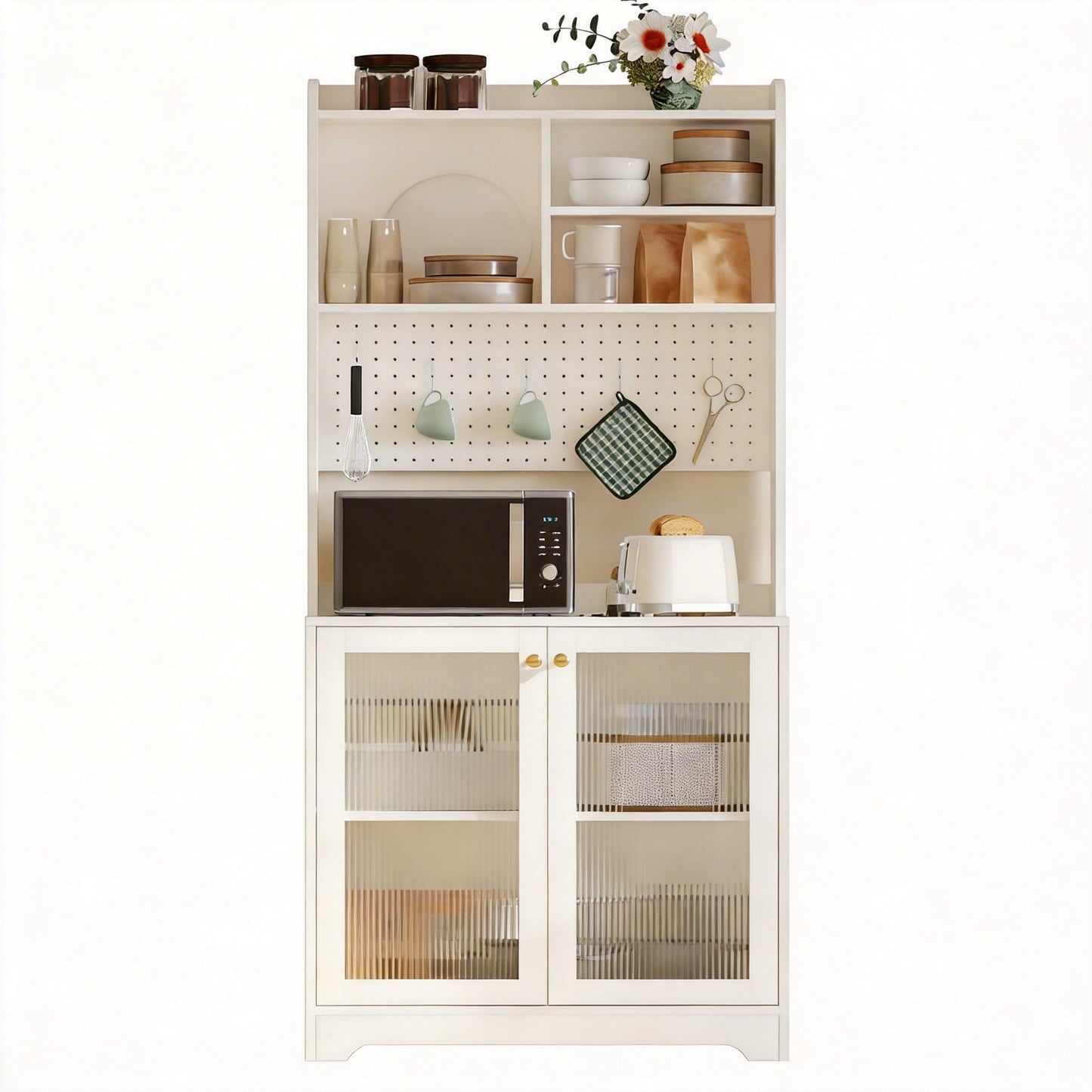71" Tall Pantry Cabinet with 2 Glass Doors, Freestanding Kitchen Storage Cabinet with Open Storage & Adjustable Shelves, Modern Farmhouse Cupboard Coffee Bar for Dining Room, Living Room, White