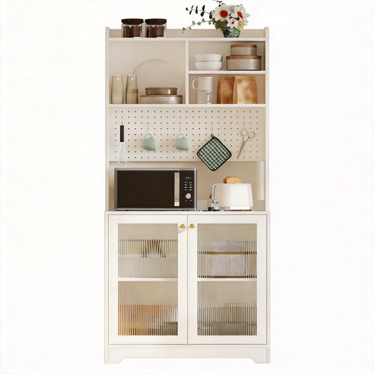 71" Tall Pantry Cabinet with 2 Glass Doors, Freestanding Kitchen Storage Cabinet with Open Storage & Adjustable Shelves, Modern Farmhouse Cupboard Coffee Bar for Dining Room, Living Room, White