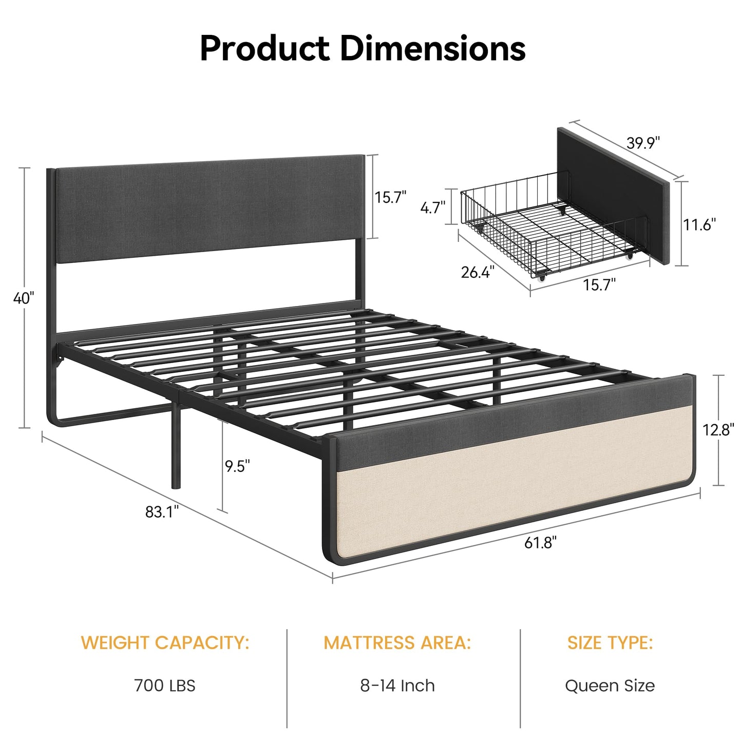 IDEALHOUSE Queen Size Bed Frame with 2 Storage Drawers, Upholstered Platform Queen Bed Frame with Headboard and Footboard, Queen Bed Mattress Foundation with Steel Slats Support, No Box Spring Needed