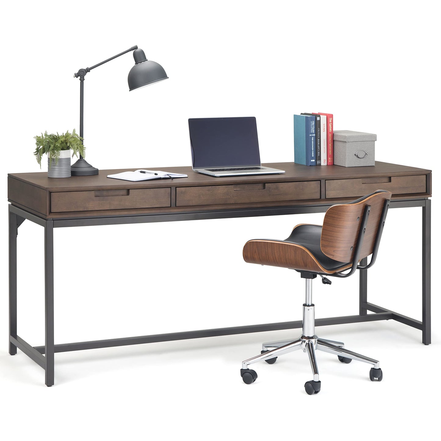 SIMPLIHOME Banting Desk - 72 Inch Wide Solid Wood and Metal Writing Desk in Walnut Brown, Modern Industrial Home Office Computer Table for Study with 2 Drawers and Flip-Down Keyboard Tray