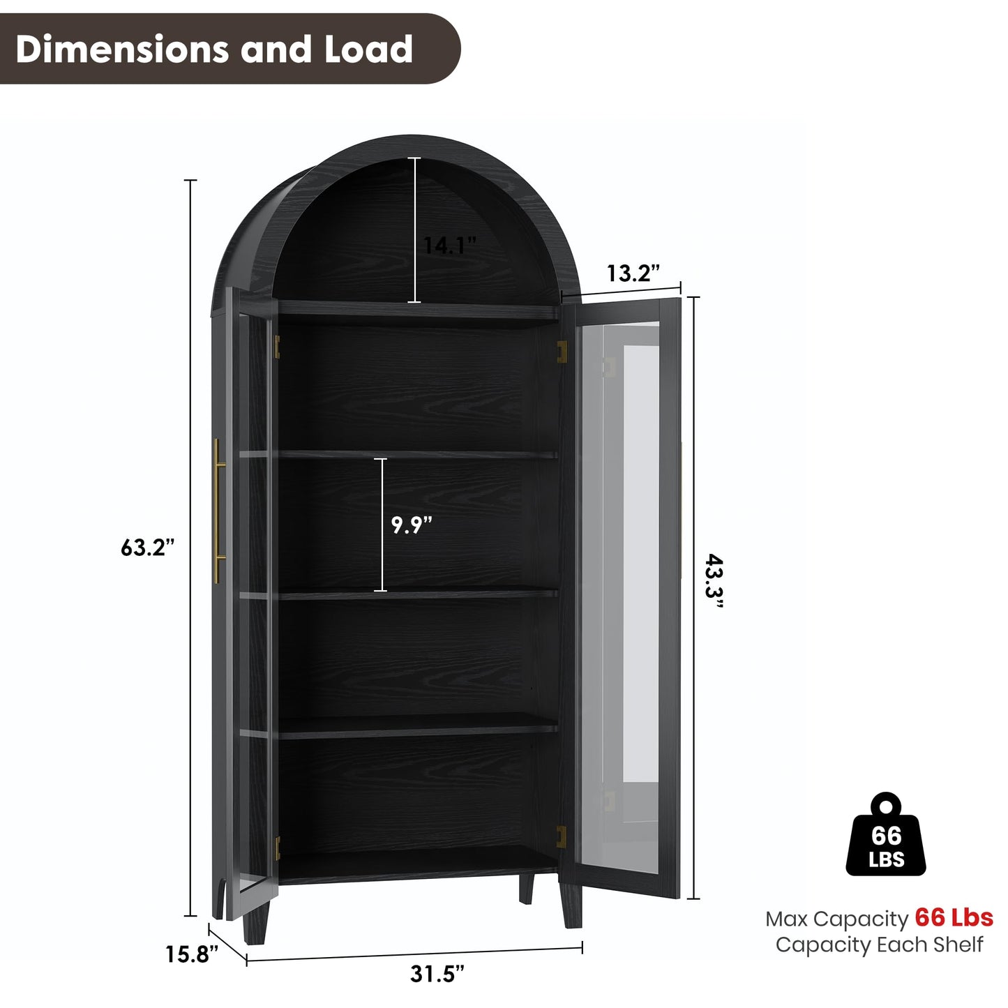 Garvee Arched Cabinet with Glass Doors, 5-Tier Kitchen Pantry Cabinet with Adjustable Shelves, Farmhouse Display Storage Cabinet for Dining Room, Living Room, Black