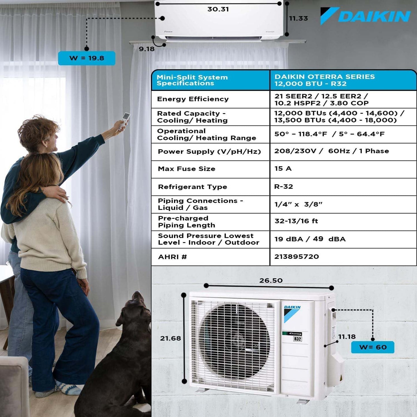 Daikin 12,000 BTU 20 SEER2 Oterra R32 Series Ductless Mini-Split Air Conditioner with Installation Kit and Wall Bracket- 230V