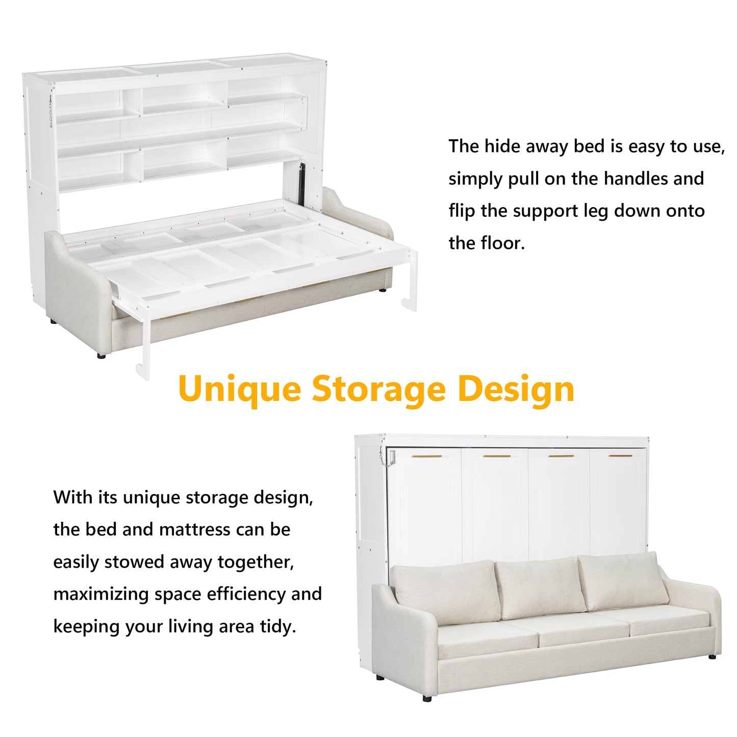 Queen Horizontal Murphy Bed with Sofa and Storage Shelves,LED Light,Solid Wood Space Saving Hideaway Murphy Wall Bed with Couch and Storage for Adults (Beige,Queen)