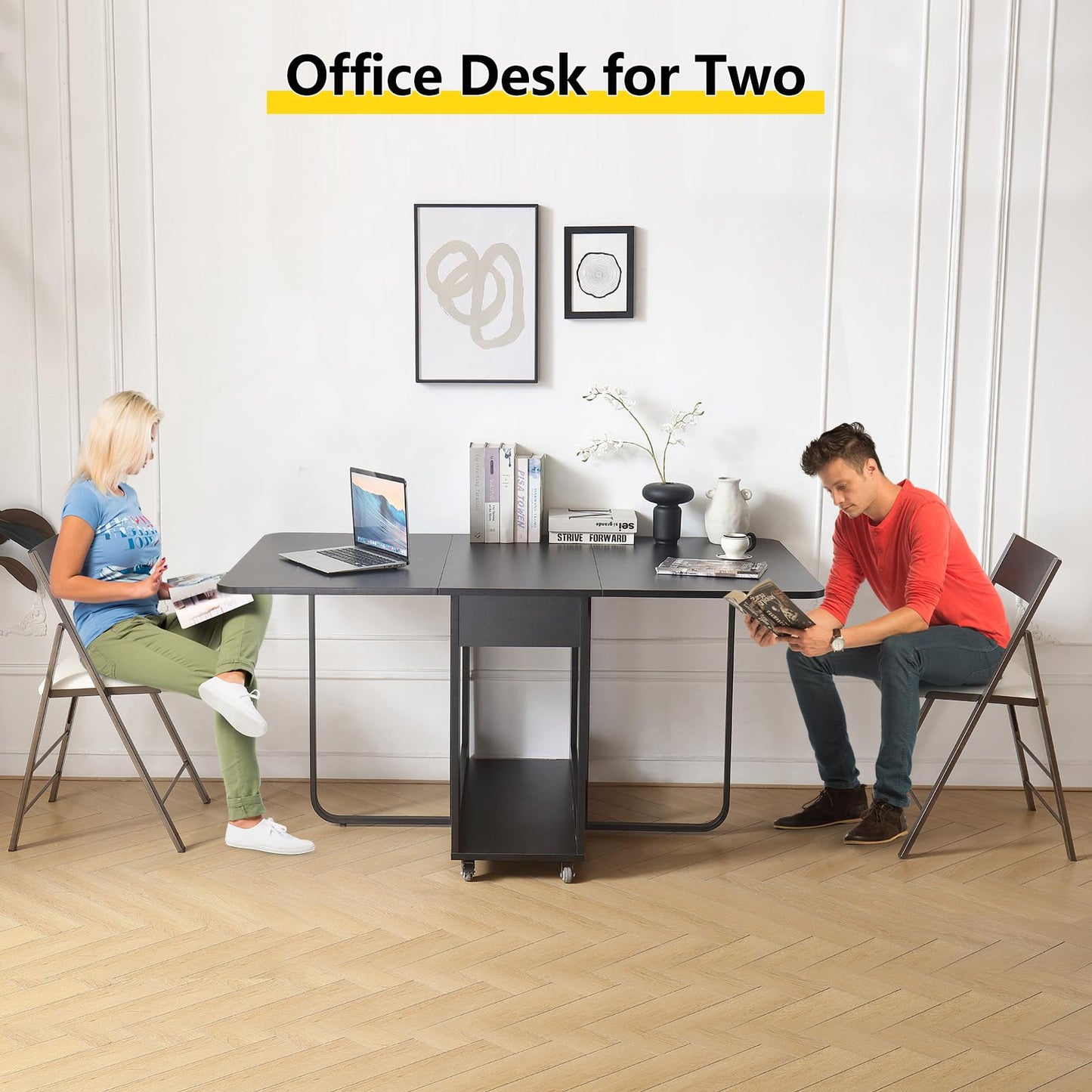 VASTATIO Folding Dining Room Table with Two Drawers for 4/6 with Space Saving Drop Leaf Table,Lockable Wheels & Storage, Heavy Duty Plywood Top 300lb, Convertible Desk for Apartments/RV/Home Office