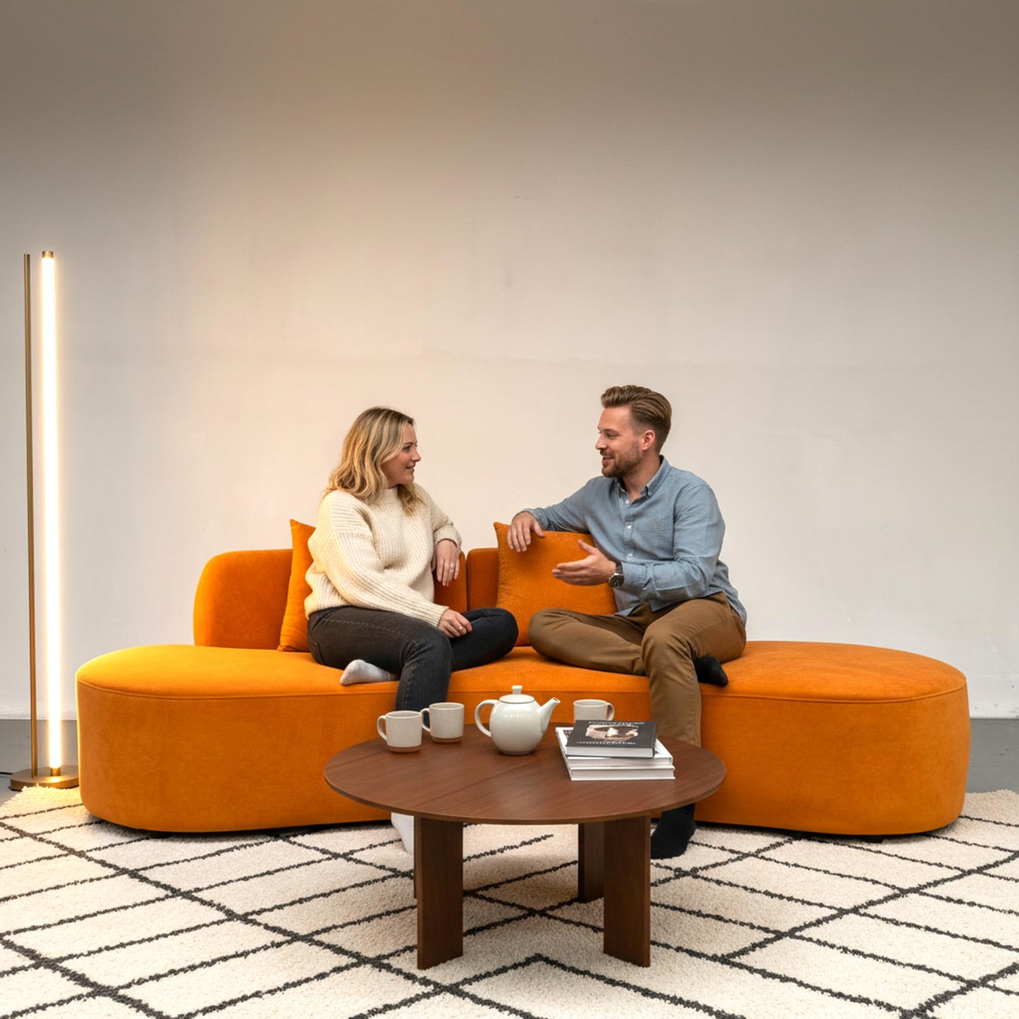 Container Furniture Direct 90" Curved Sofa with Throw Pillows, 4 Seater Luxury Velvet Couch with Half Moon Design and High-Density Foam, for Modern Living Room, Office & Apartment, Orange