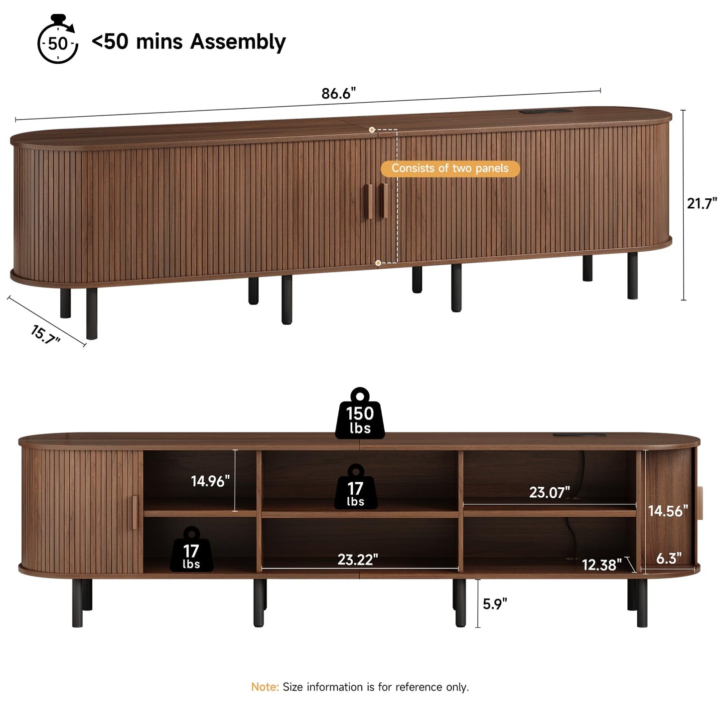 ONBRILL 86.6" TV Stand with Power Outlet for TVs up to 90 Inch, Entertainment Center with Storage and Adjustable Shelves, Modern Media Console with Sliding Doors for Living Room, Walnut