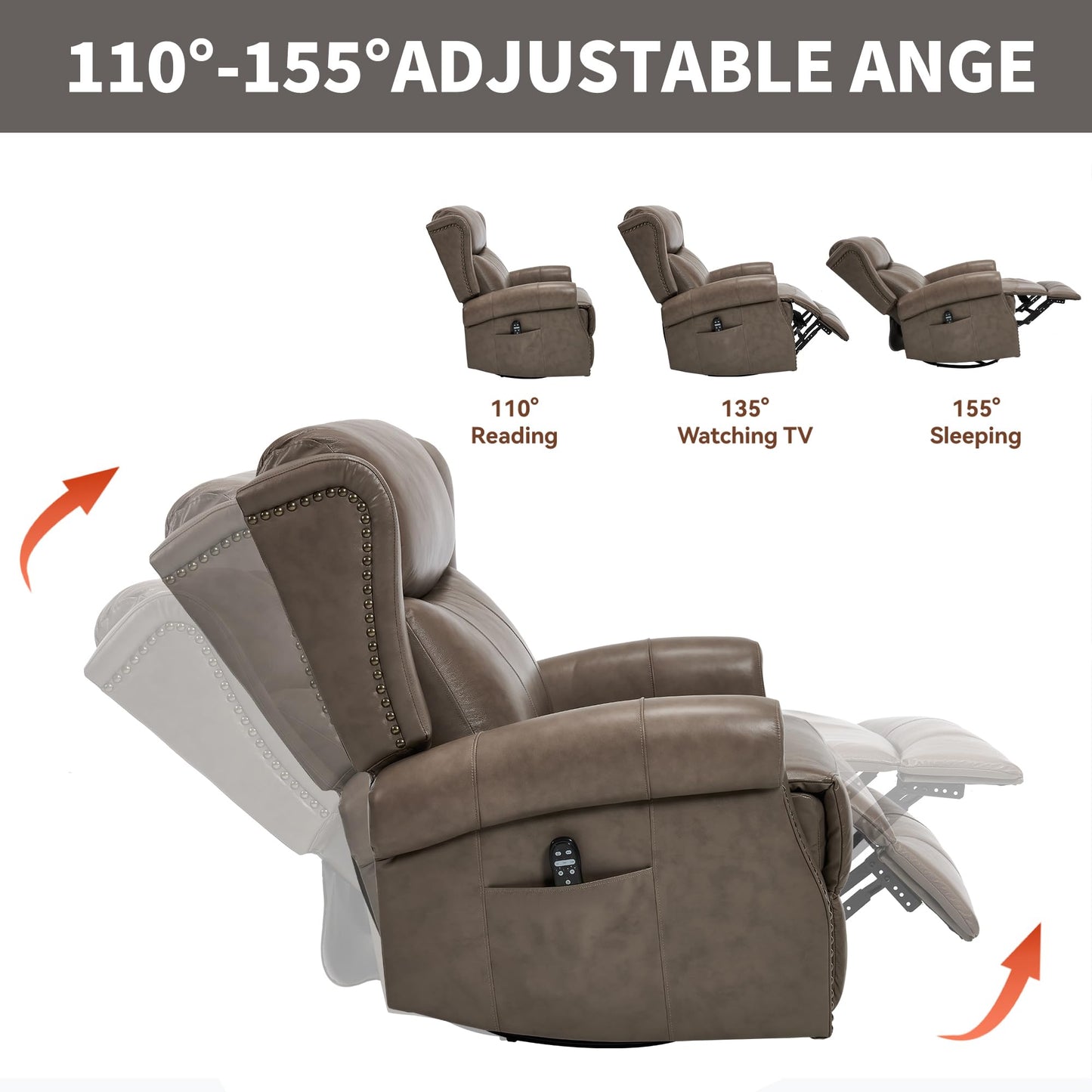 Heat Massage Manual Recliner Chair with Rocking and 360° Swivel Base, Genuine Leather Recliner Chair with Lumbar Heat, 8-Point Vibration Massage, 155° Reclining Living Room Chair for Adults, Grey