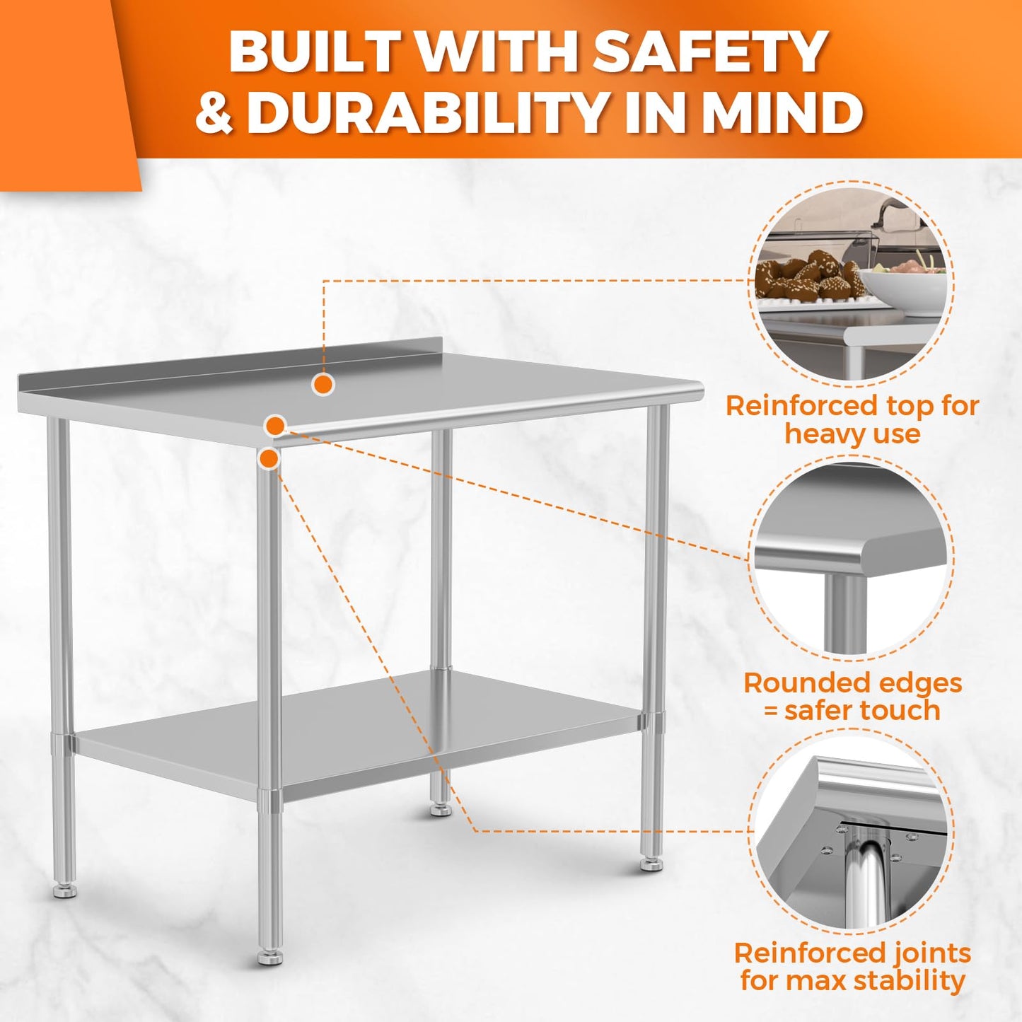 HOCCOT All Stainless Steel Work Table Heavy Duty Prep Table 30x48 Inch with Stainless Steel Undershelf Backsplash Replaceable Feet(Without Caster) Commercial Workstation for Restaurant Kitchen Outdoor