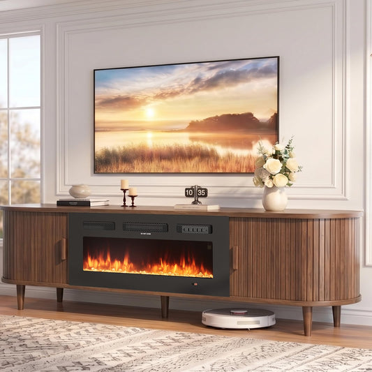 MXV 80″ Fluted Fireplace TV Stand, Mid Century Modern TV Stand with 36″ Fireplace for TVs Up to 90", Entertainment Center with Sliding Door & Solid Wood Legs, for Living Room, Walnut