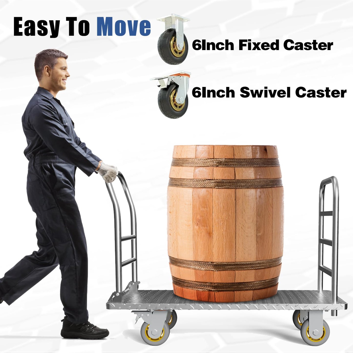 Platform Truck Cart with Detachable Baffle Guardrail,Heavy Duty 48x24 Inch Flatbed Cart with 2000 LBS Weight Capacity and 6In Swivel Caster Transporting Heavy Loads and Barrel with Ease & Efficiency