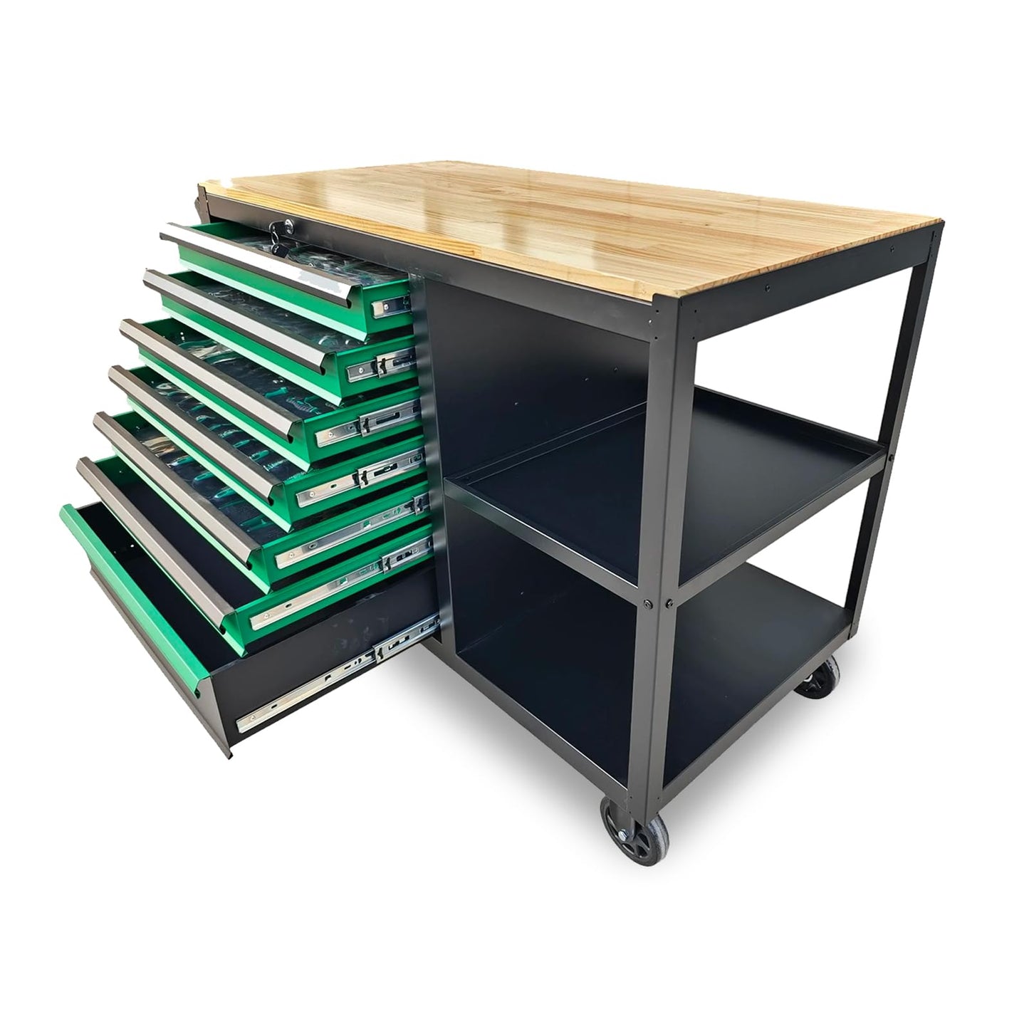 StrideoooTrek Tool Cabinet with 7 Storage Drawers, Wood Top Workbench, Brake Caster,Lockable Drawer,Black Metal Frame Tool Chest with Double Shelves for Garage, Workshop, or Outdoor Use(7 Drawers)