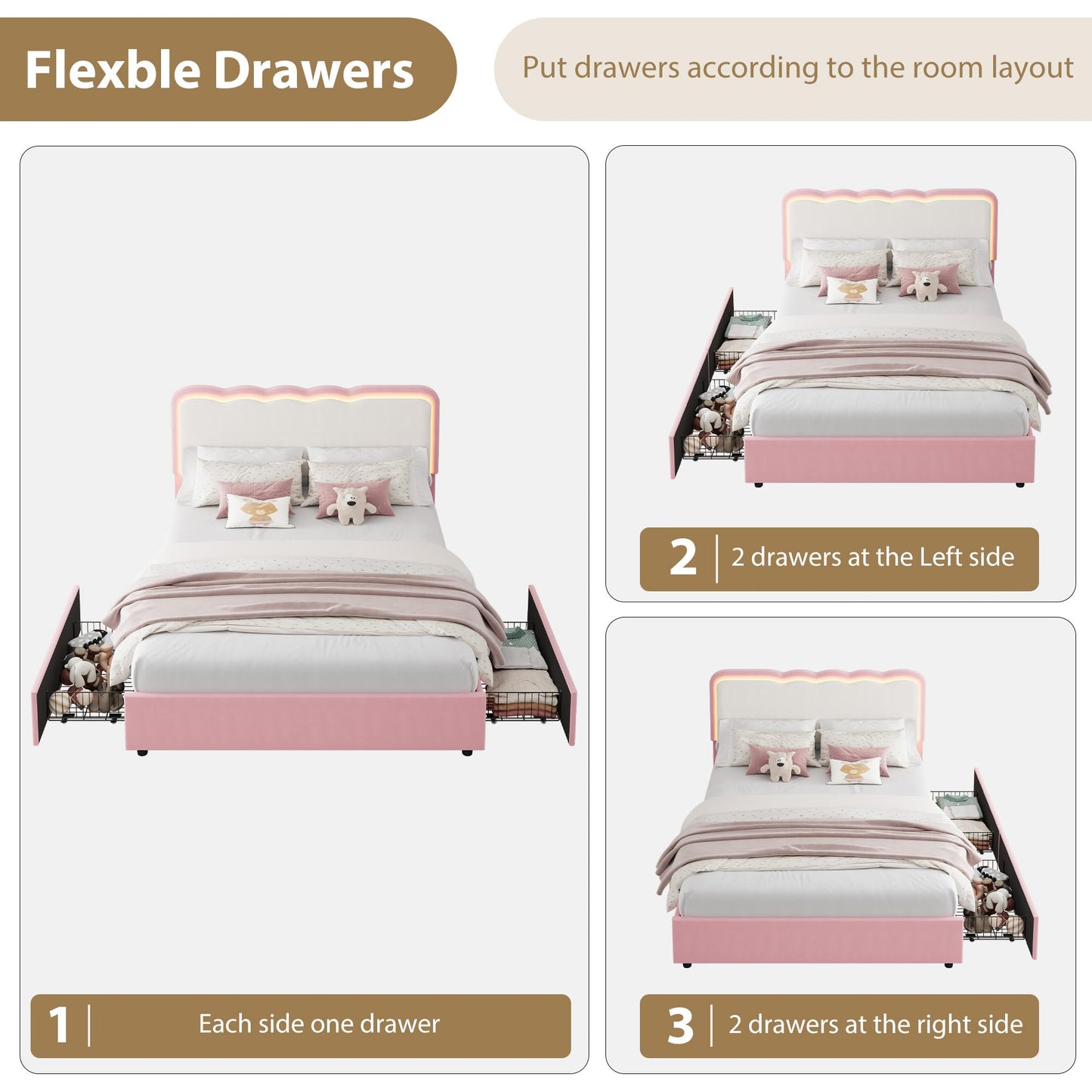 IDEALHOUSE Full Upholstered LED Bed Frame with Storage Drawer and Adjustable Headboard, Velvet Princess Platform Bed for Kids/Girls/Boys, Heavy Duty Metal Support, No Box Spring Needed, Pink