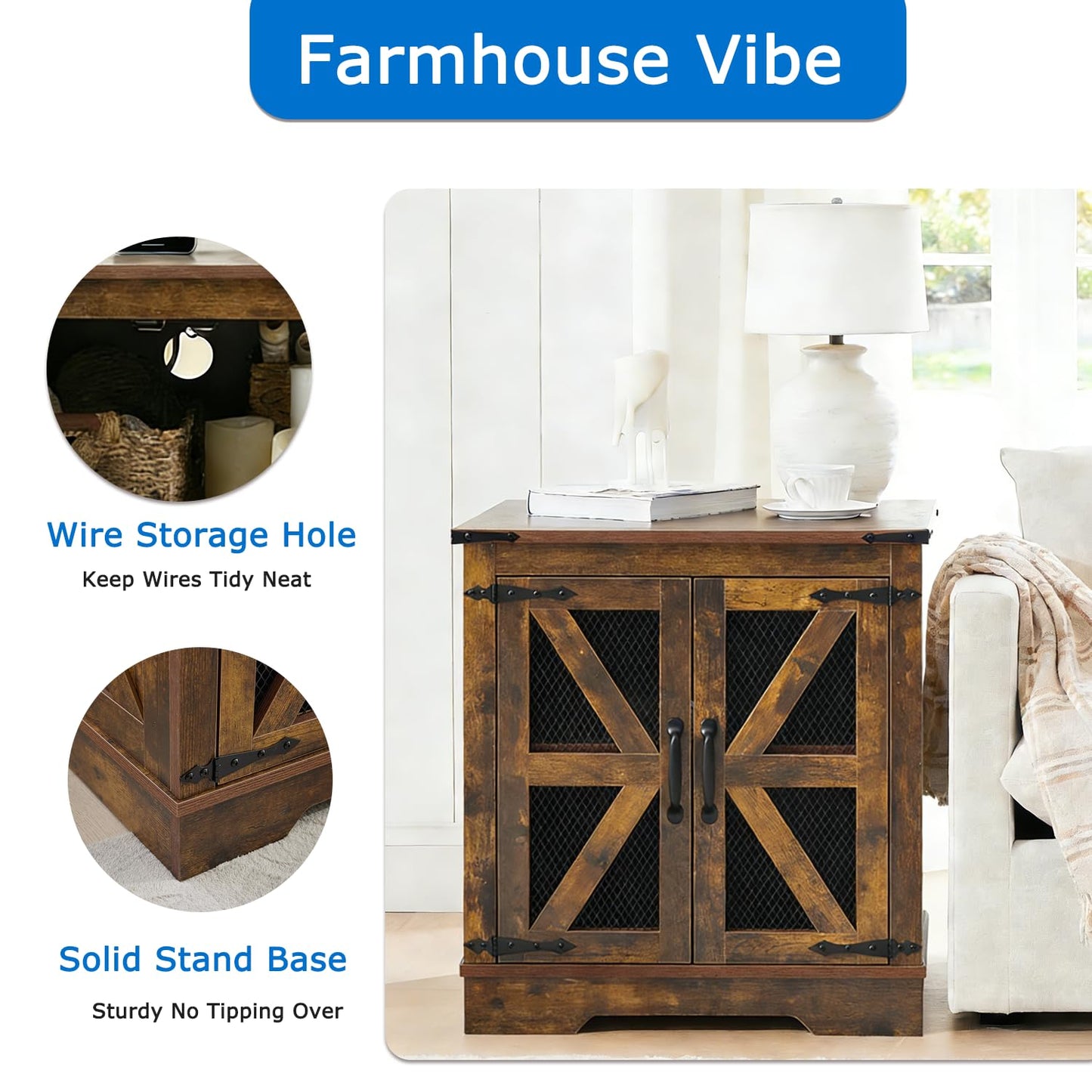 Seekverse Farmhouse Nightstand with Charging Station Set of 2, Side Table with Barn Door and Storage, Rustic Wood Bedside Table, End Table for Living Room and Bedroom, Brown, 2